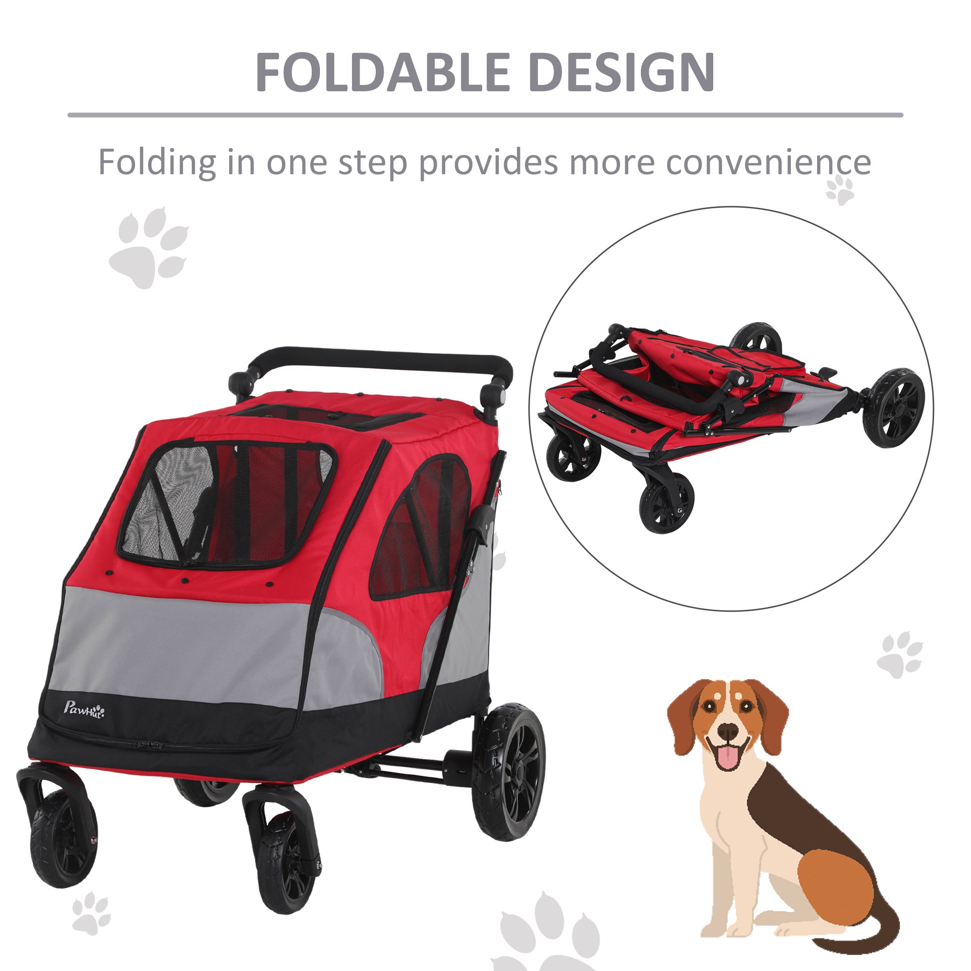 PawHut Dog Stroller Foldable Pet Trolley Pushchair Carrier Adjustable Handlebar for Medium Large Dogs Red