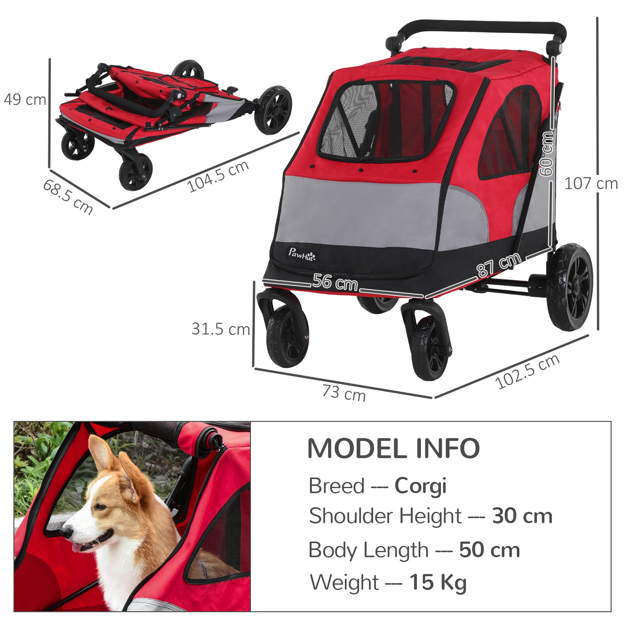 PawHut Dog Stroller Foldable Pet Trolley Pushchair Carrier Adjustable Handlebar for Medium Large Dogs Red