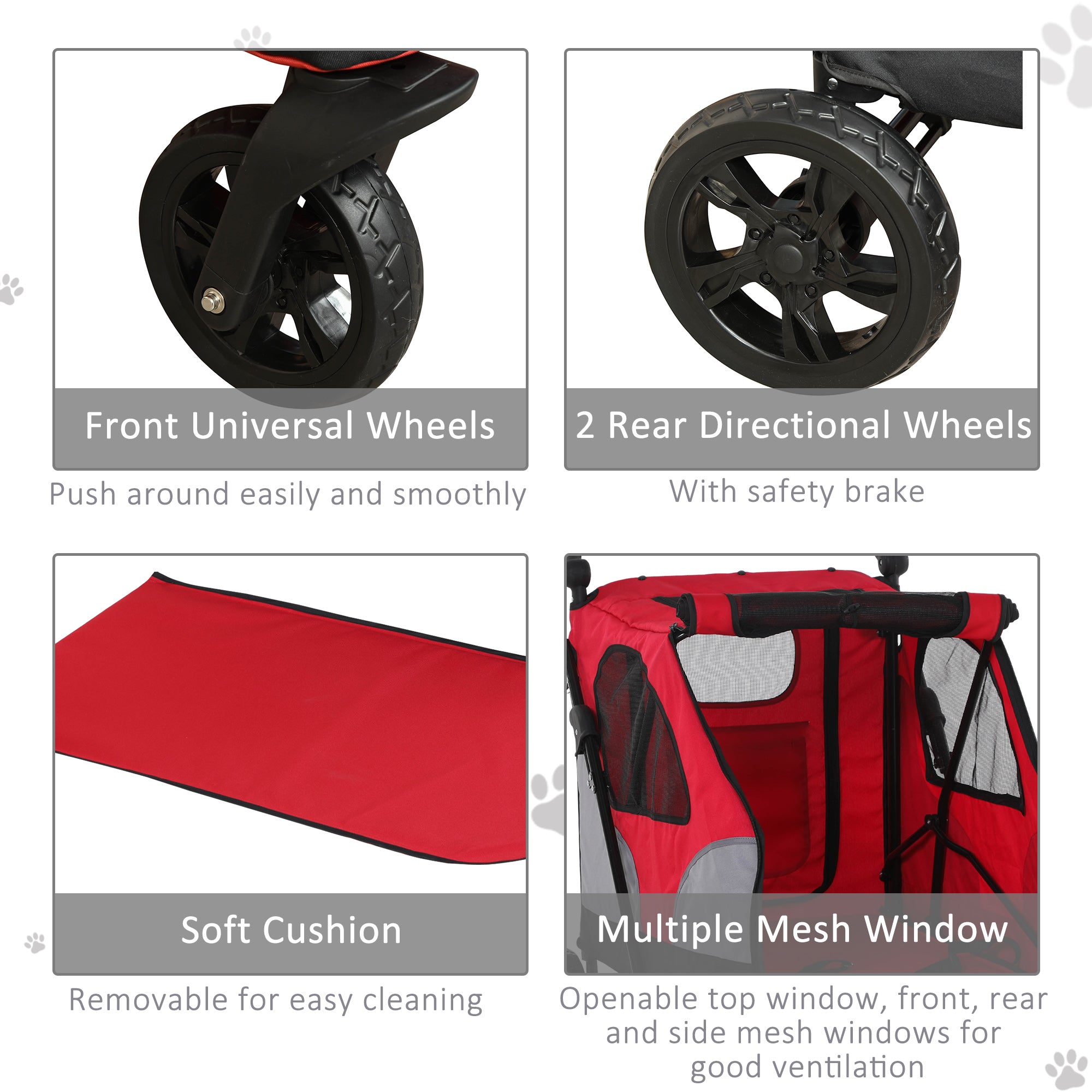 PawHut Dog Stroller Foldable Pet Trolley Pushchair Carrier Adjustable Handlebar for Medium Large Dogs Red