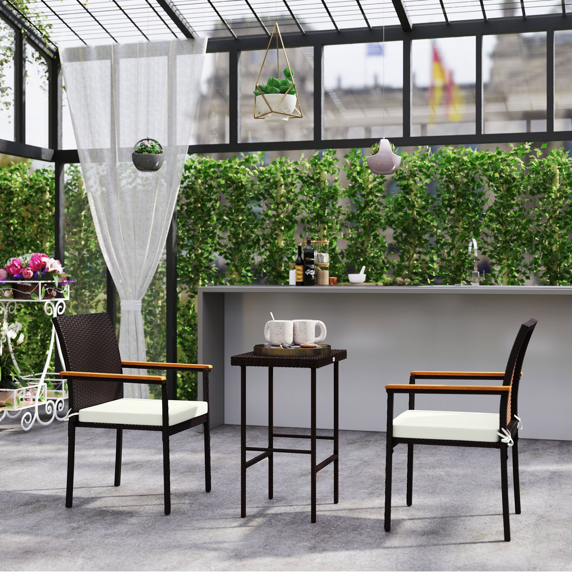 Outsunny Stackable Wicker Patio Chairs Set of 2, PE Rattan Outdoor Dining Chairs with Removable Cushion, Armrest for Garden, Porch, Yard, Cream White