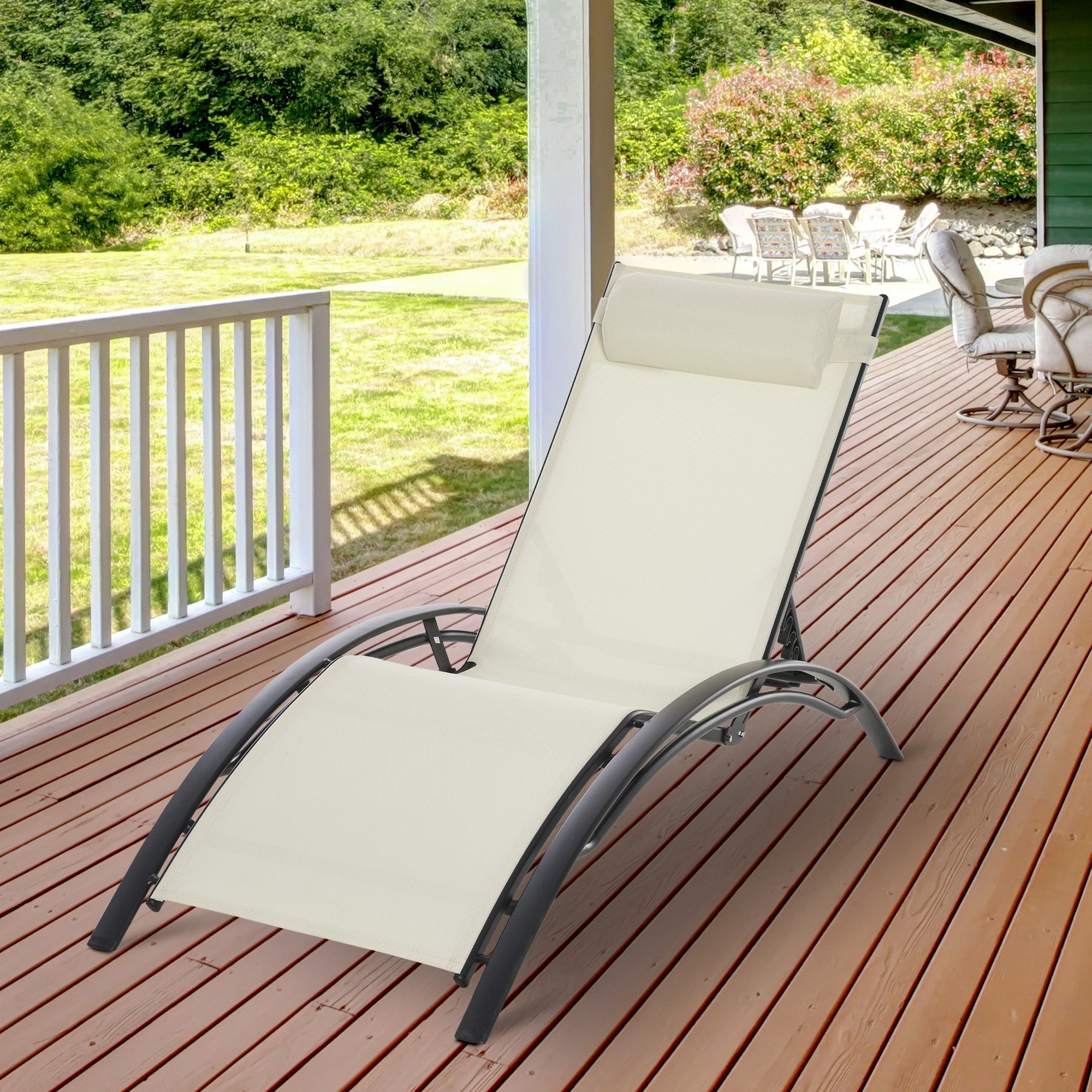 Outsunny Patio Lounge Chair, Aluminum Reclining Outdoor Tanning Chair with 5-Level Adjustable Backrest, Head Pillow and Breathable Mesh Fabric, for Pool, Deck, Garden, Beige