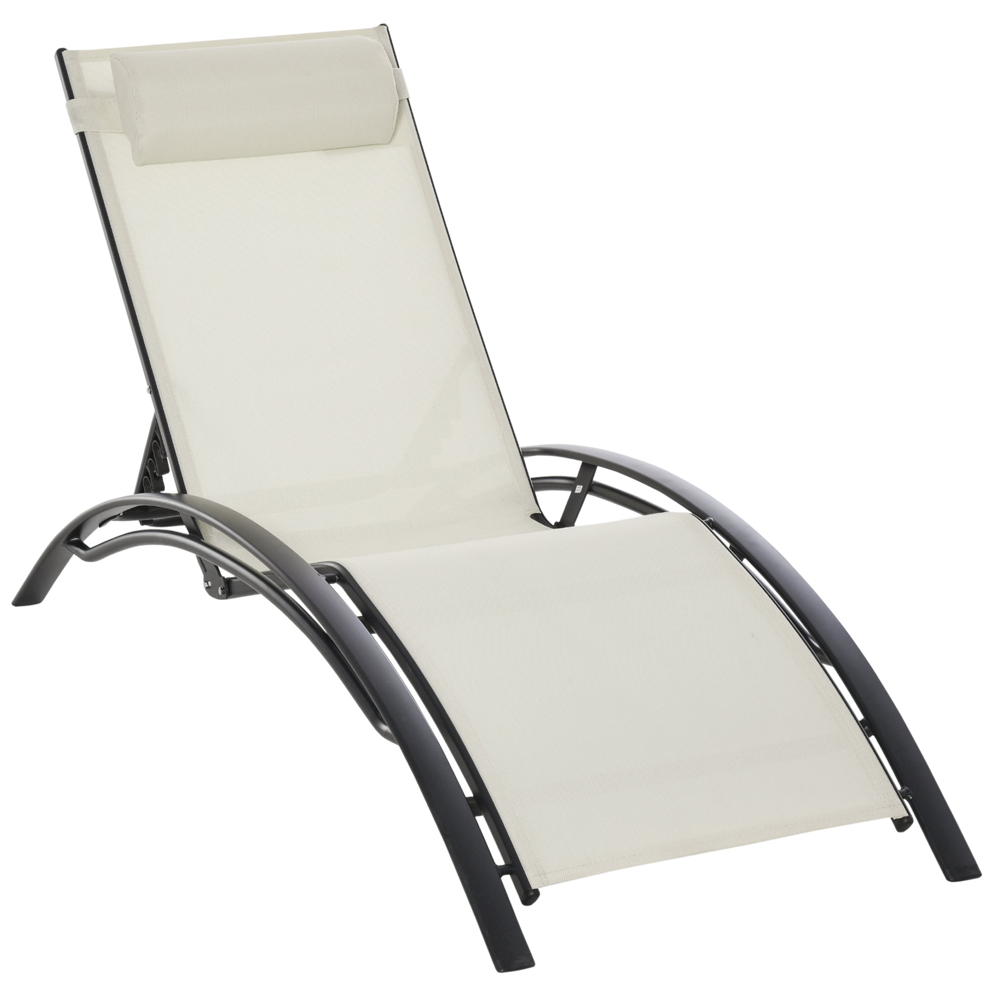 Outsunny Patio Lounge Chair, Aluminum Reclining Outdoor Tanning Chair with 5-Level Adjustable Backrest, Head Pillow and Breathable Mesh Fabric, for Pool, Deck, Garden, Beige