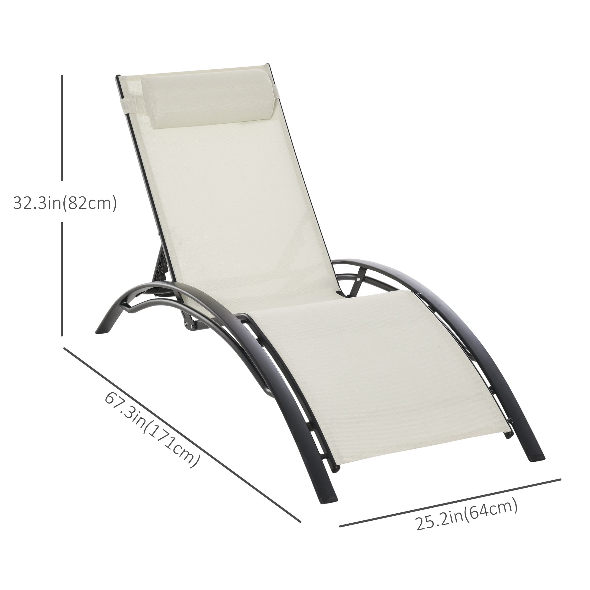 Outsunny Patio Lounge Chair, Aluminum Reclining Outdoor Tanning Chair with 5-Level Adjustable Backrest, Head Pillow and Breathable Mesh Fabric, for Pool, Deck, Garden, Beige