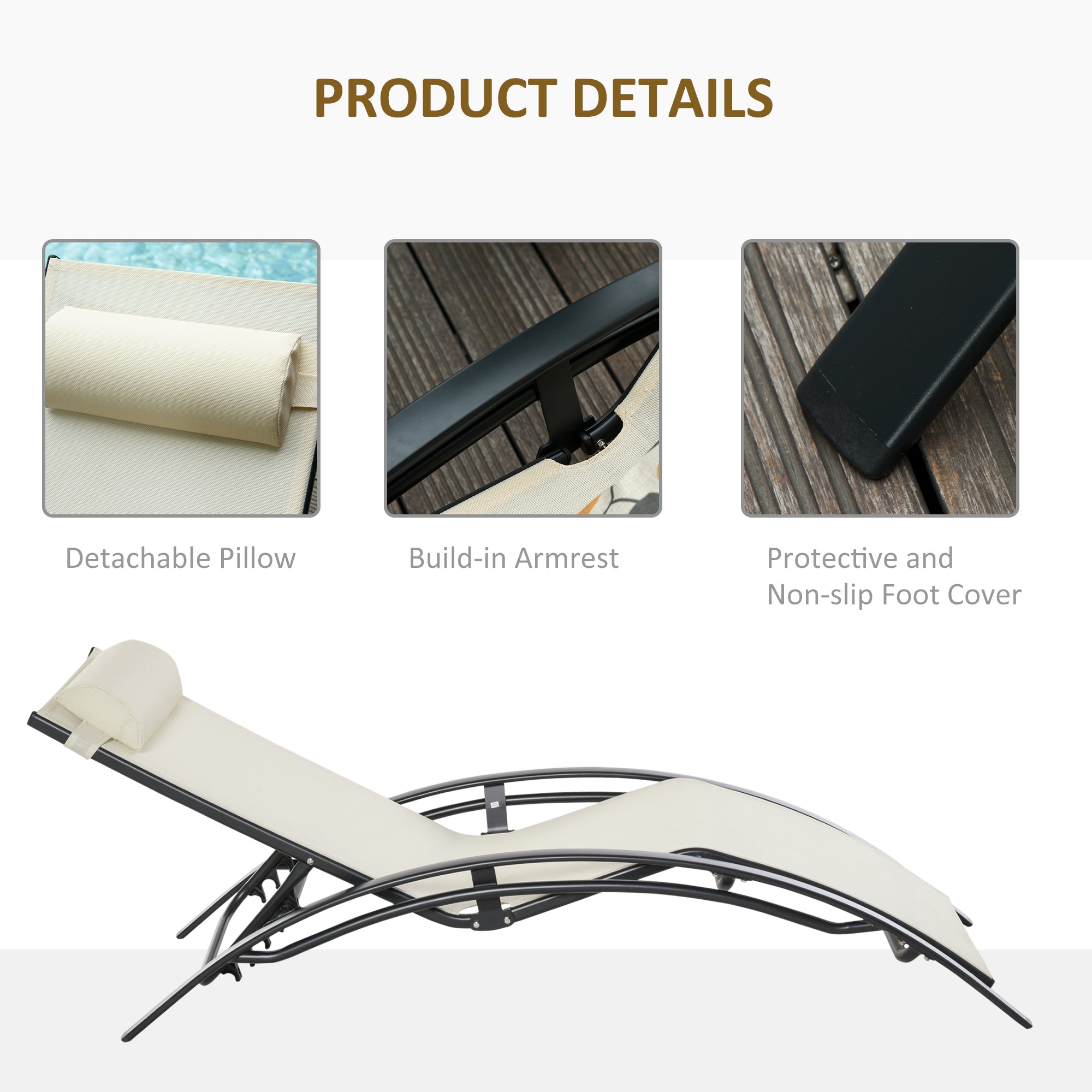 Outsunny Patio Lounge Chair, Aluminum Reclining Outdoor Tanning Chair with 5-Level Adjustable Backrest, Head Pillow and Breathable Mesh Fabric, for Pool, Deck, Garden, Beige