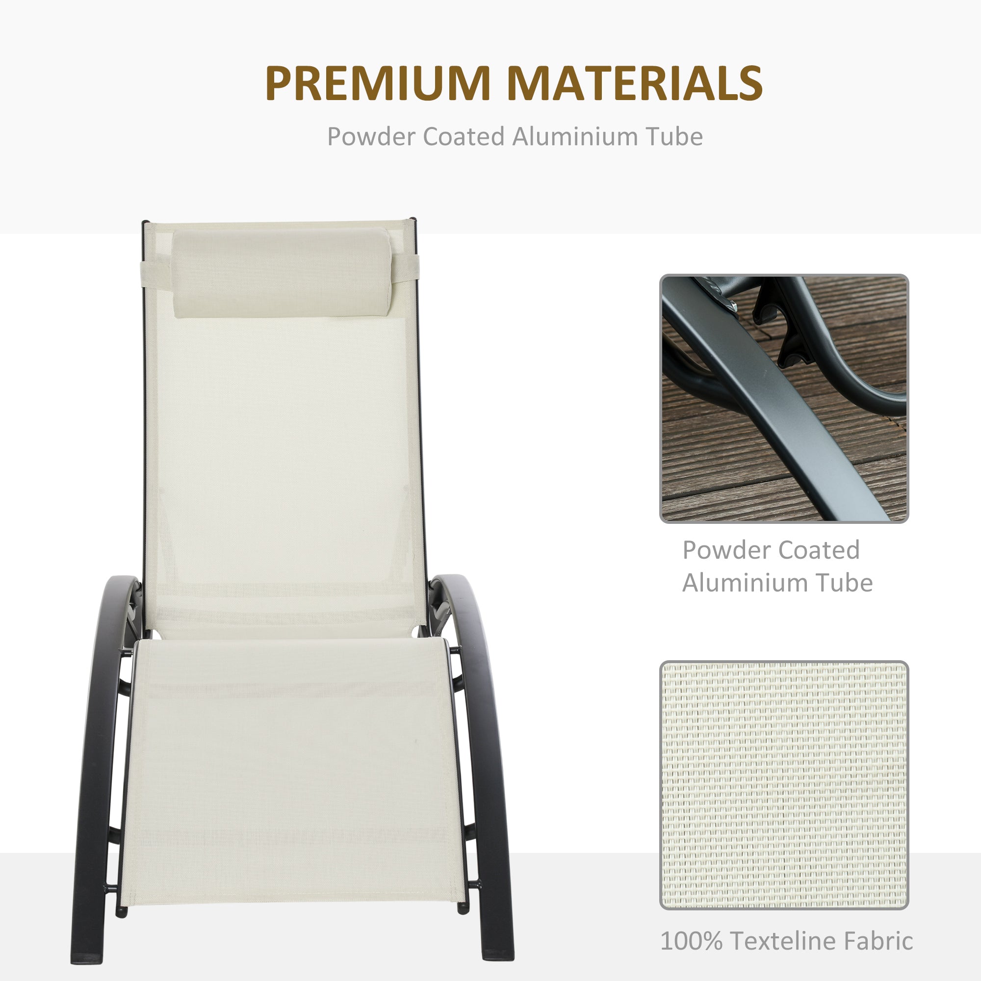 Outsunny Patio Lounge Chair, Aluminum Reclining Outdoor Tanning Chair with 5-Level Adjustable Backrest, Head Pillow and Breathable Mesh Fabric, for Pool, Deck, Garden, Beige