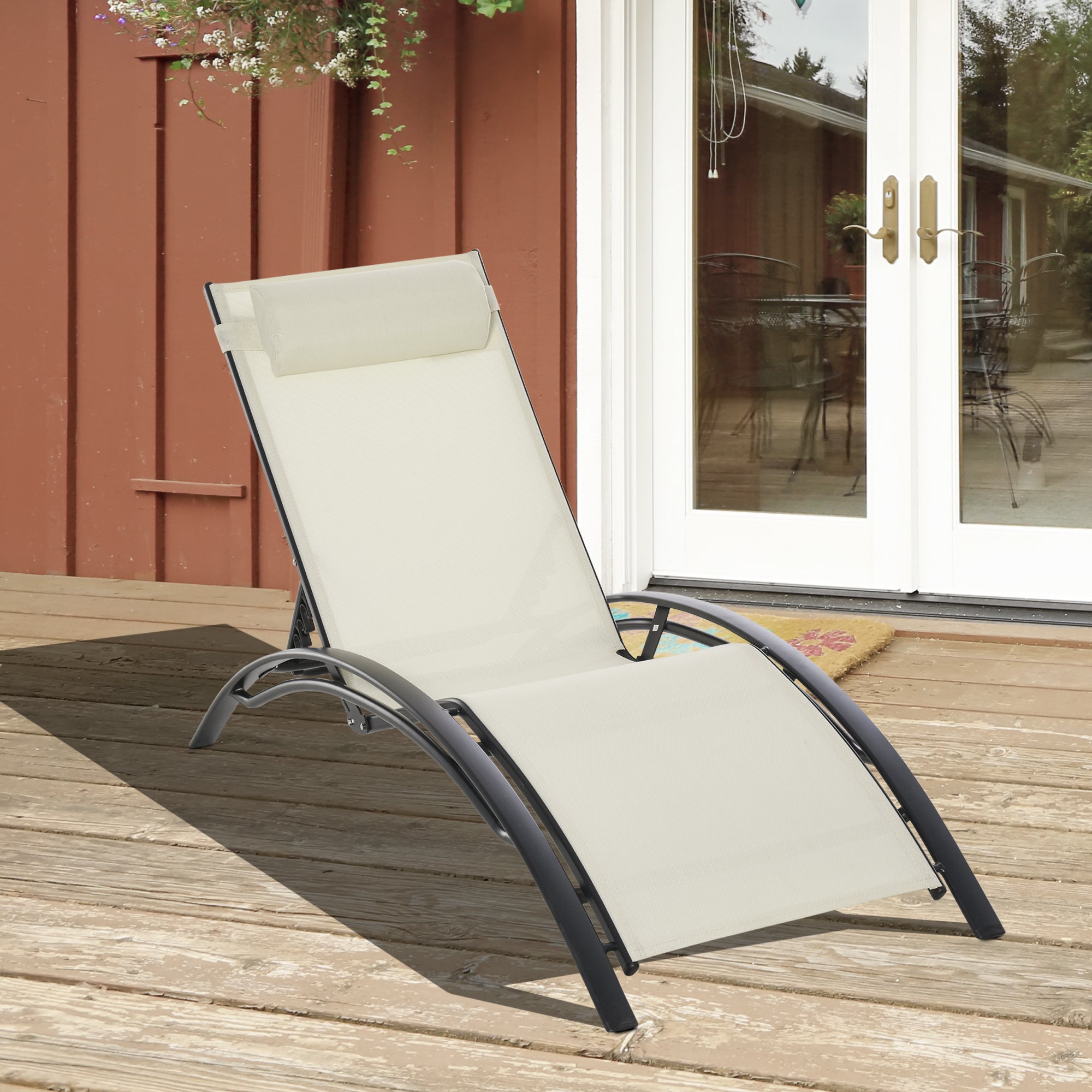 Outsunny Patio Lounge Chair, Aluminum Reclining Outdoor Tanning Chair with 5-Level Adjustable Backrest, Head Pillow and Breathable Mesh Fabric, for Pool, Deck, Garden, Beige