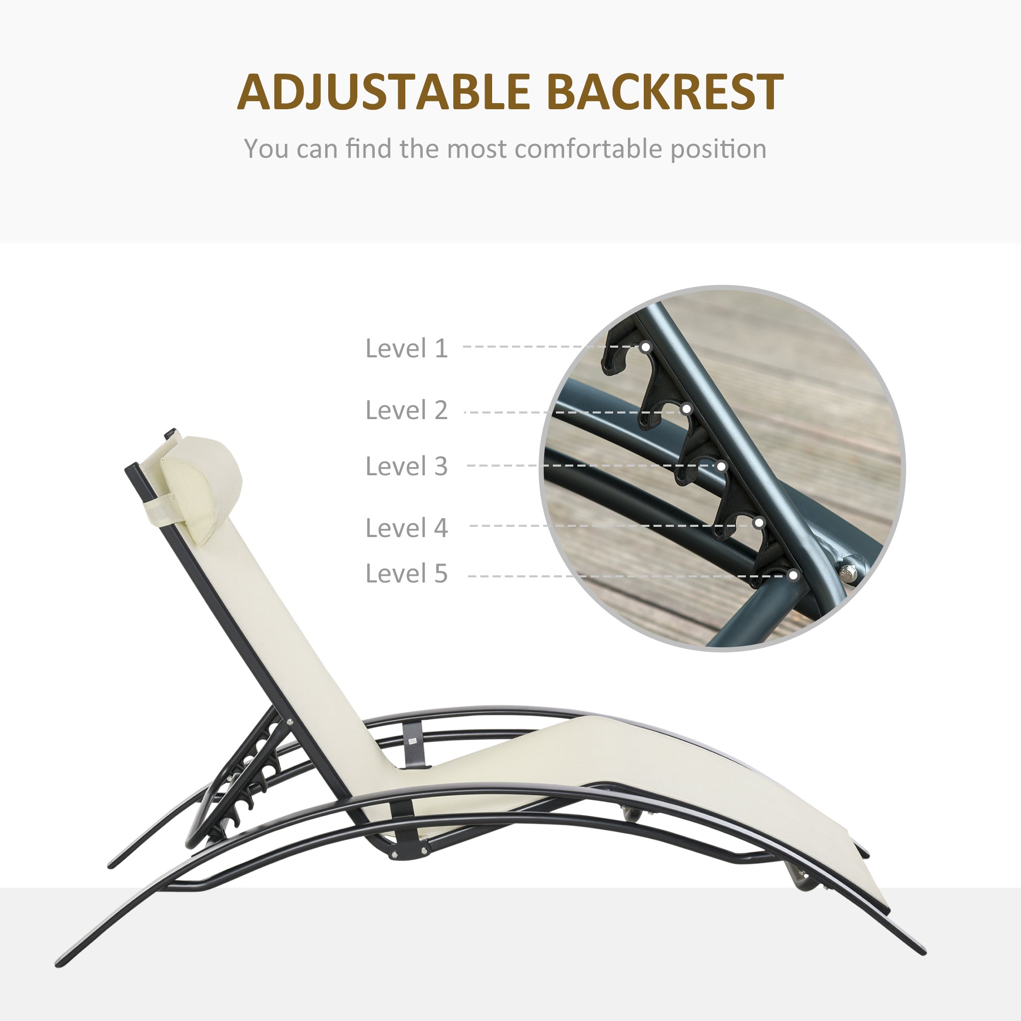 Outsunny Patio Lounge Chair, Aluminum Reclining Outdoor Tanning Chair with 5-Level Adjustable Backrest, Head Pillow and Breathable Mesh Fabric, for Pool, Deck, Garden, Beige