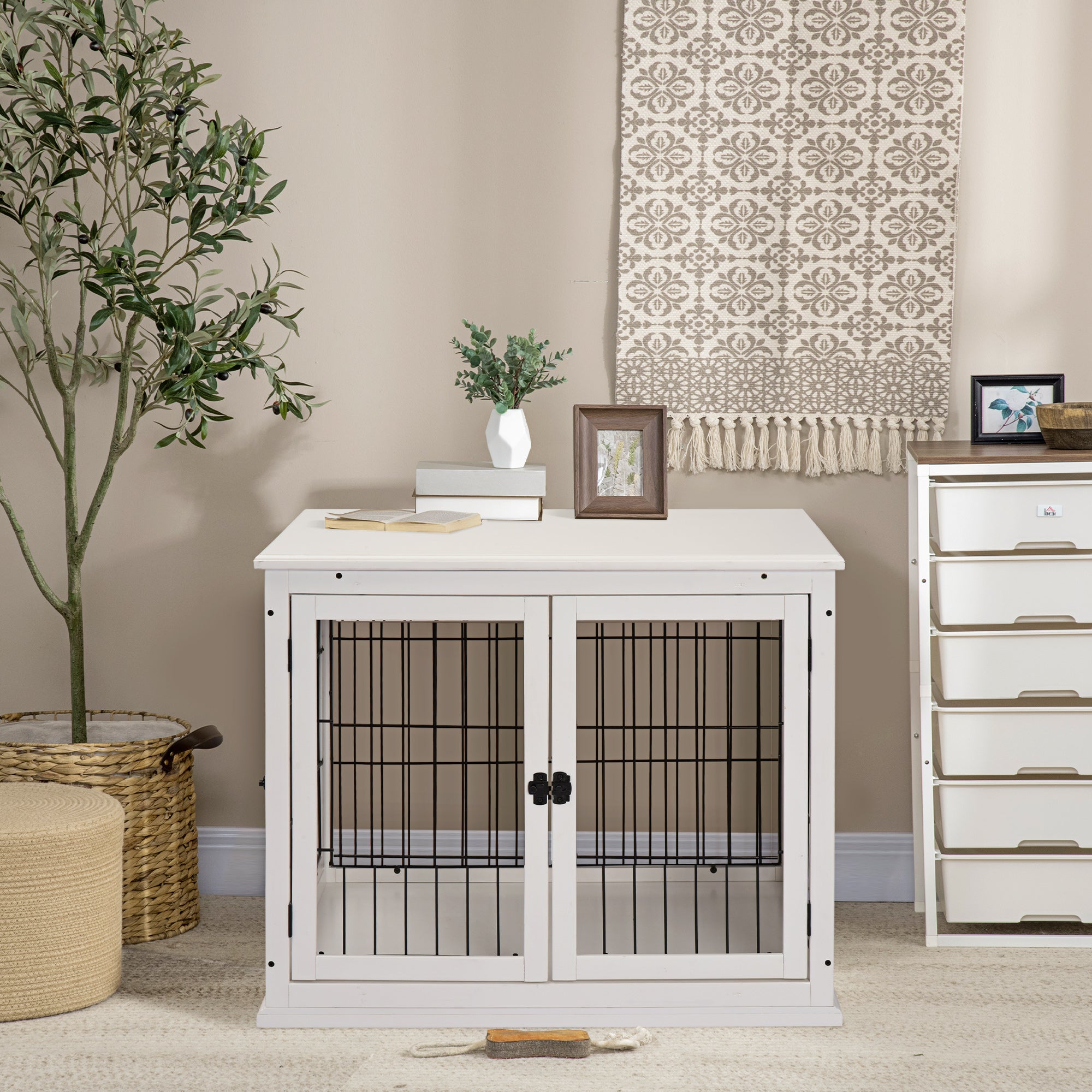 PawHut Dog Crate Furniture, Puppy Crate End Table, Pet Kennel House with 2 Doors for Medium and Small Dogs, 81 x 58.5 x 66 cm, White