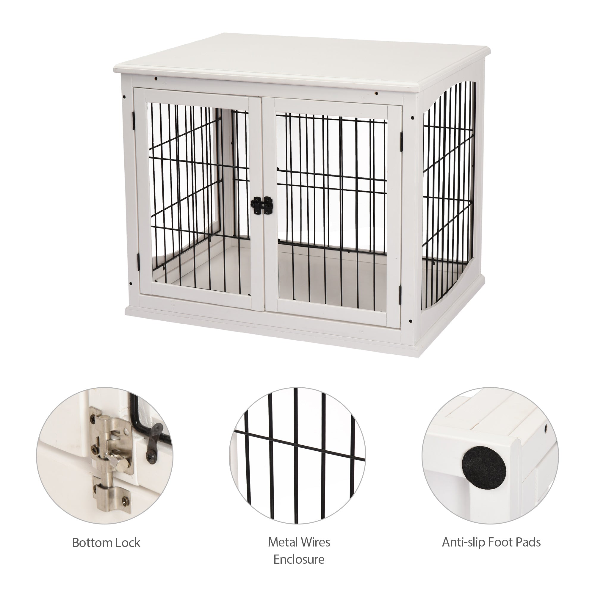 PawHut 32" Wooden Dog Crate Furniture Dog Cage, Modern Side Table Pet Kennel with Double Lockable Door, 32" L x 23" W x 26" H, White