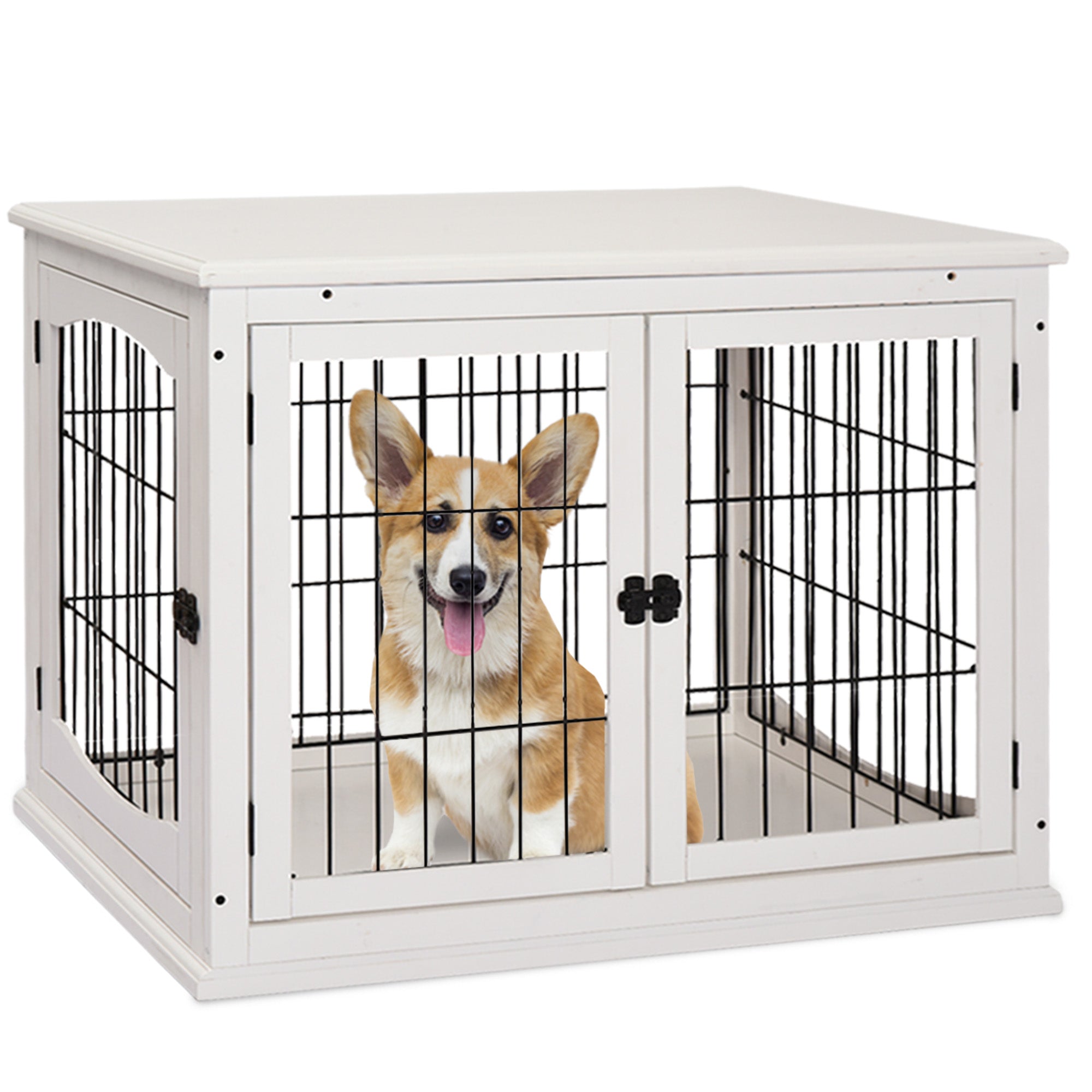 PawHut 32" Wooden Dog Crate Furniture Dog Cage, Modern Side Table Pet Kennel with Double Lockable Door, 32" L x 23" W x 26" H, White