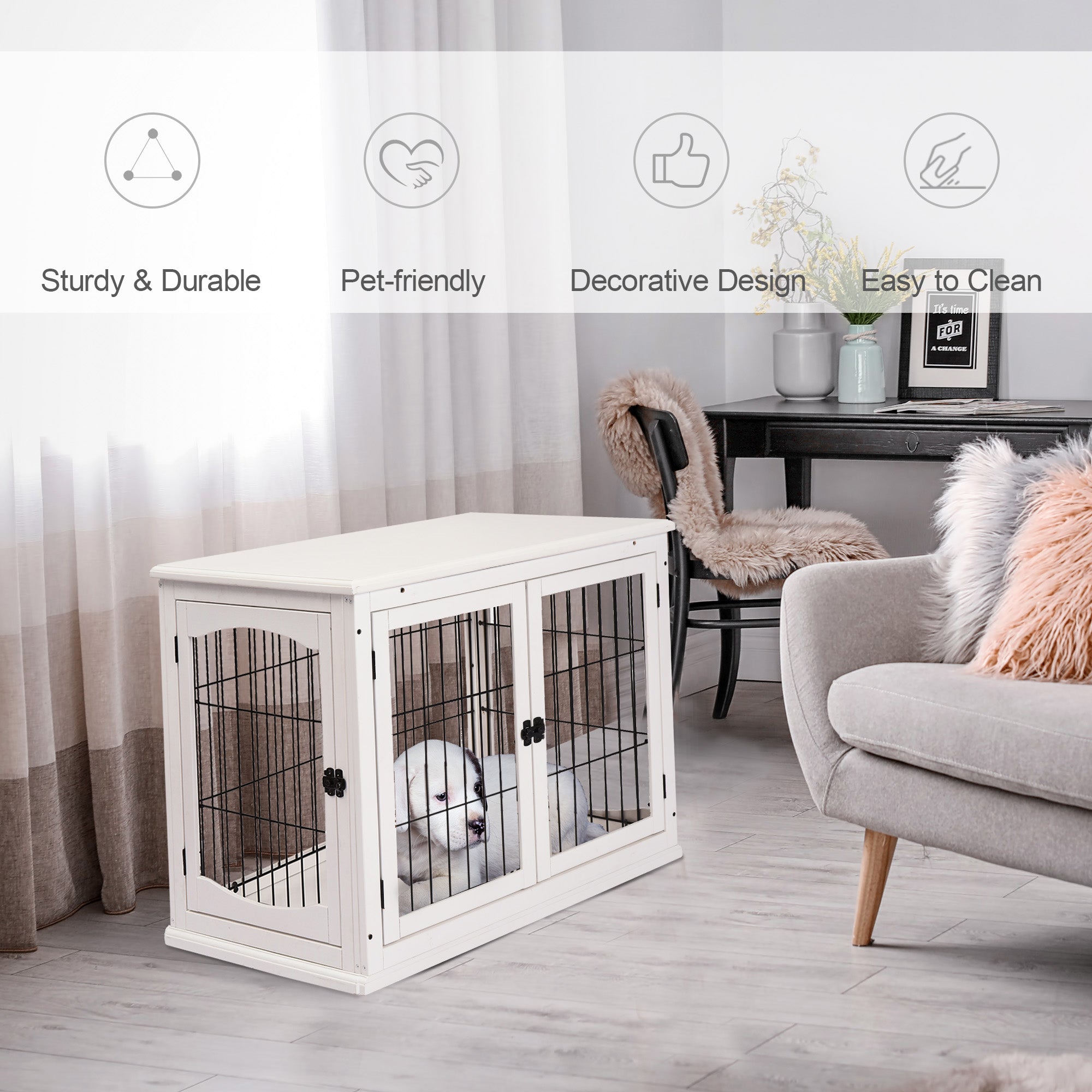 PawHut 32" Wooden Dog Crate Furniture Dog Cage, Modern Side Table Pet Kennel with Double Lockable Door, 32" L x 23" W x 26" H, White