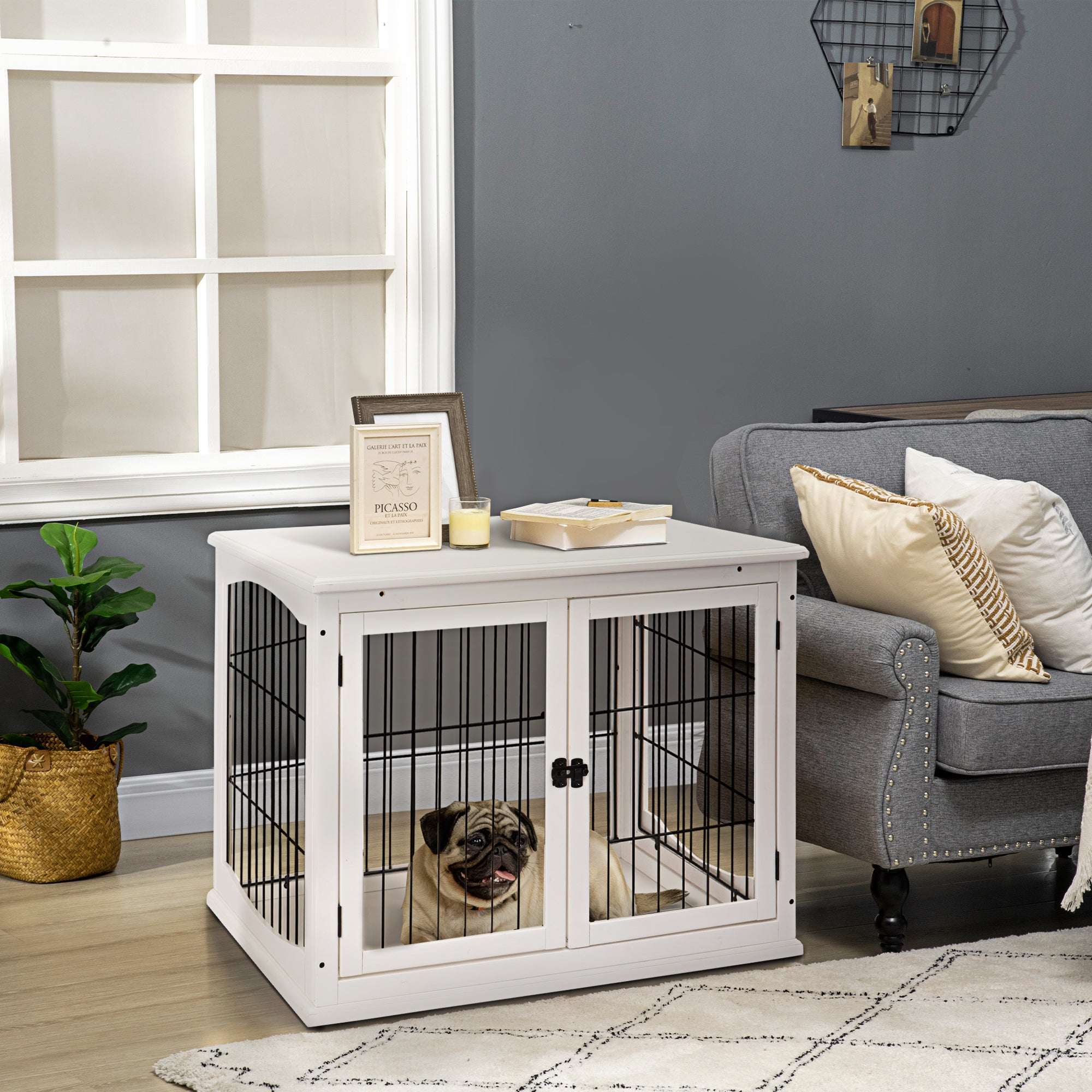 PawHut 32" Wooden Dog Crate Furniture Dog Cage, Modern Side Table Pet Kennel with Double Lockable Door, 32" L x 23" W x 26" H, White
