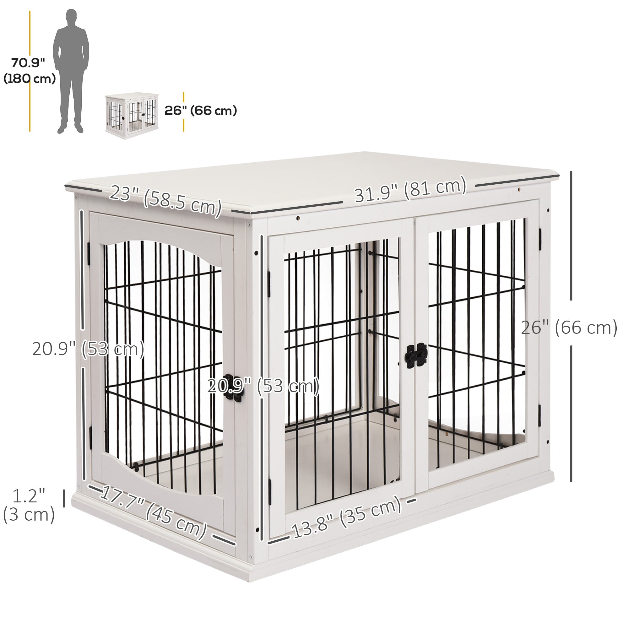 PawHut 32" Wooden Dog Crate Furniture Dog Cage, Modern Side Table Pet Kennel with Double Lockable Door, 32" L x 23" W x 26" H, White