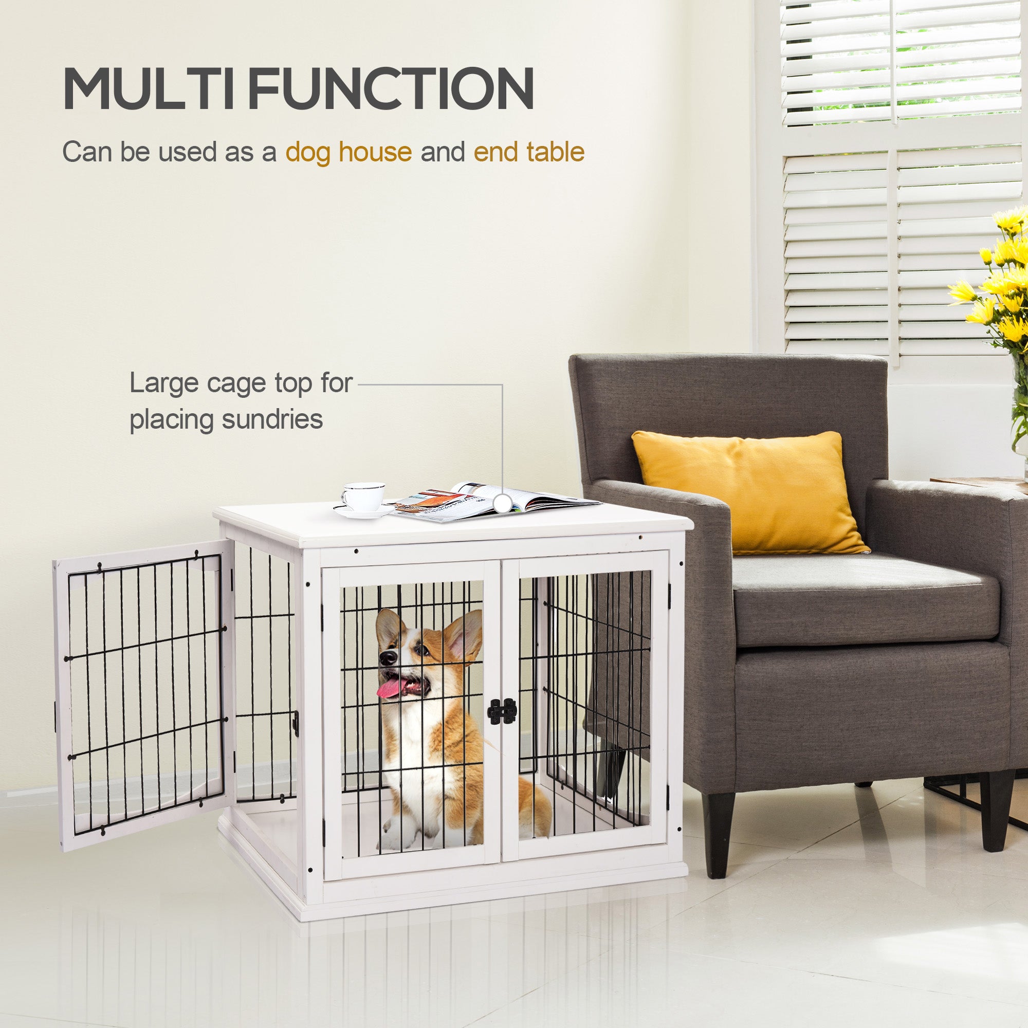 PawHut 32" Wooden Dog Crate Furniture Dog Cage, Modern Side Table Pet Kennel with Double Lockable Door, 32" L x 23" W x 26" H, White