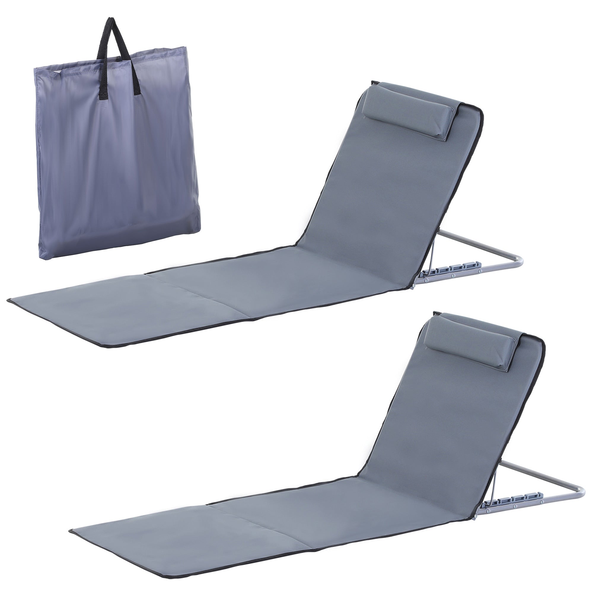 Outsunny 2 Pieces Outdoor Beach Lounge Chair, Patio Steel Folding Chaise Lounge Set w/ Pillow for Sunbath, Snap, Grey