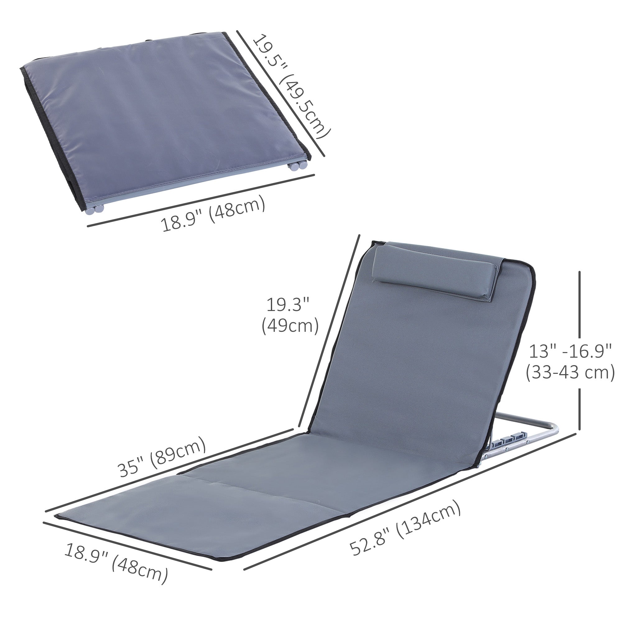 Outsunny 2 Pieces Outdoor Beach Lounge Chair, Patio Steel Folding Chaise Lounge Set w/ Pillow for Sunbath, Snap, Grey