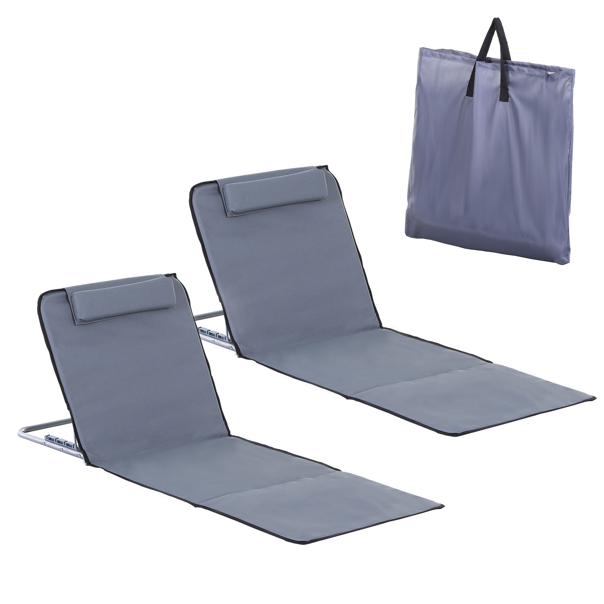 Outsunny 2 Pieces Outdoor Beach Lounge Chair, Patio Steel Folding Chaise Lounge Set w/ Pillow for Sunbath, Snap, Grey