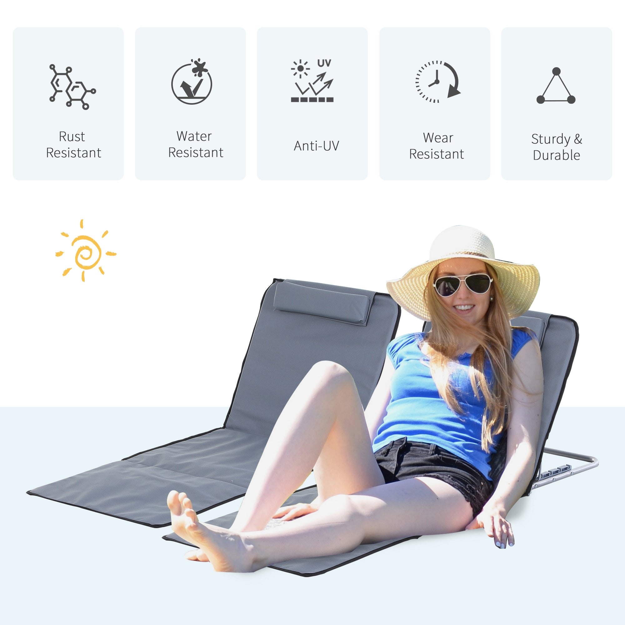 Outsunny 2 Pieces Outdoor Beach Lounge Chair, Patio Steel Folding Chaise Lounge Set w/ Pillow for Sunbath, Snap, Grey