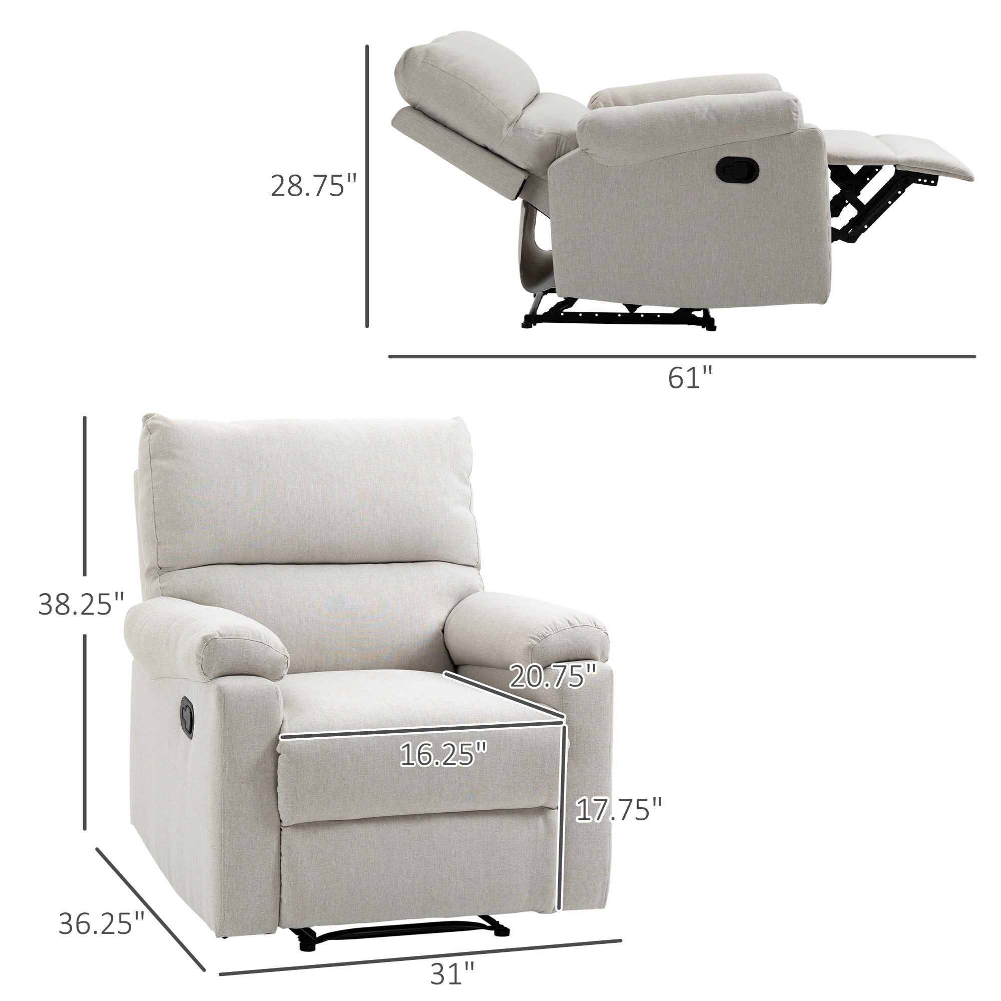 HOMCOM Reclining Chair, Manual Recliner Chair with Padded Seat, Footrest for Living Room, Study, Bedroom, Cream White