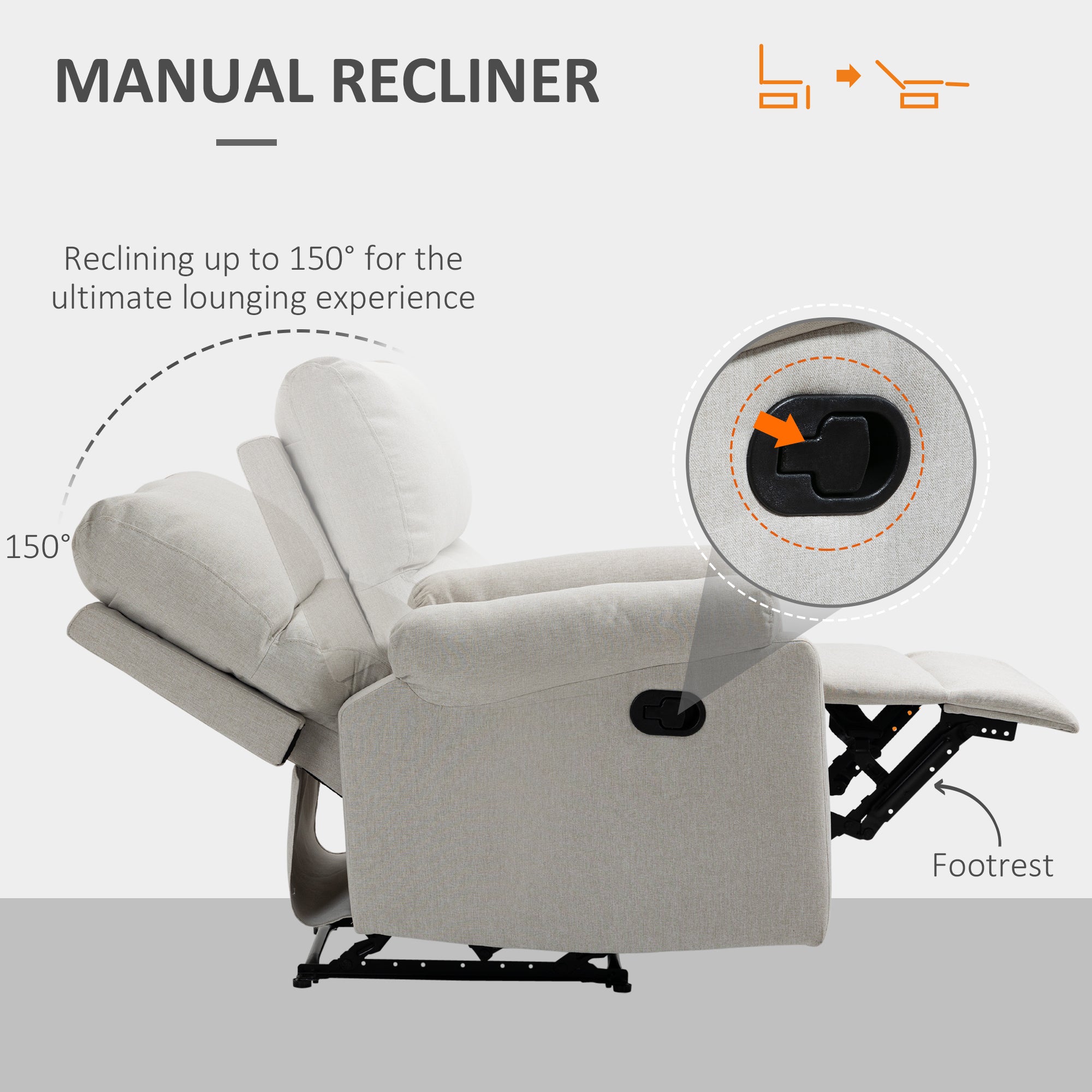 HOMCOM Reclining Chair, Manual Recliner Chair with Padded Seat, Footrest for Living Room, Study, Bedroom, Cream White