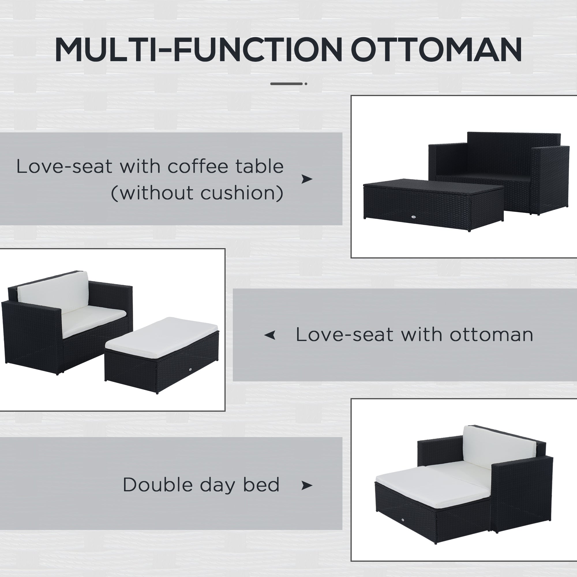 Outsunny 2 Pieces Wicker Patio Furniture Set with Double Ottoman, Outdoor PE Rattan Conversation Set with Loveseat and Two Seat Ottoman, Cream White