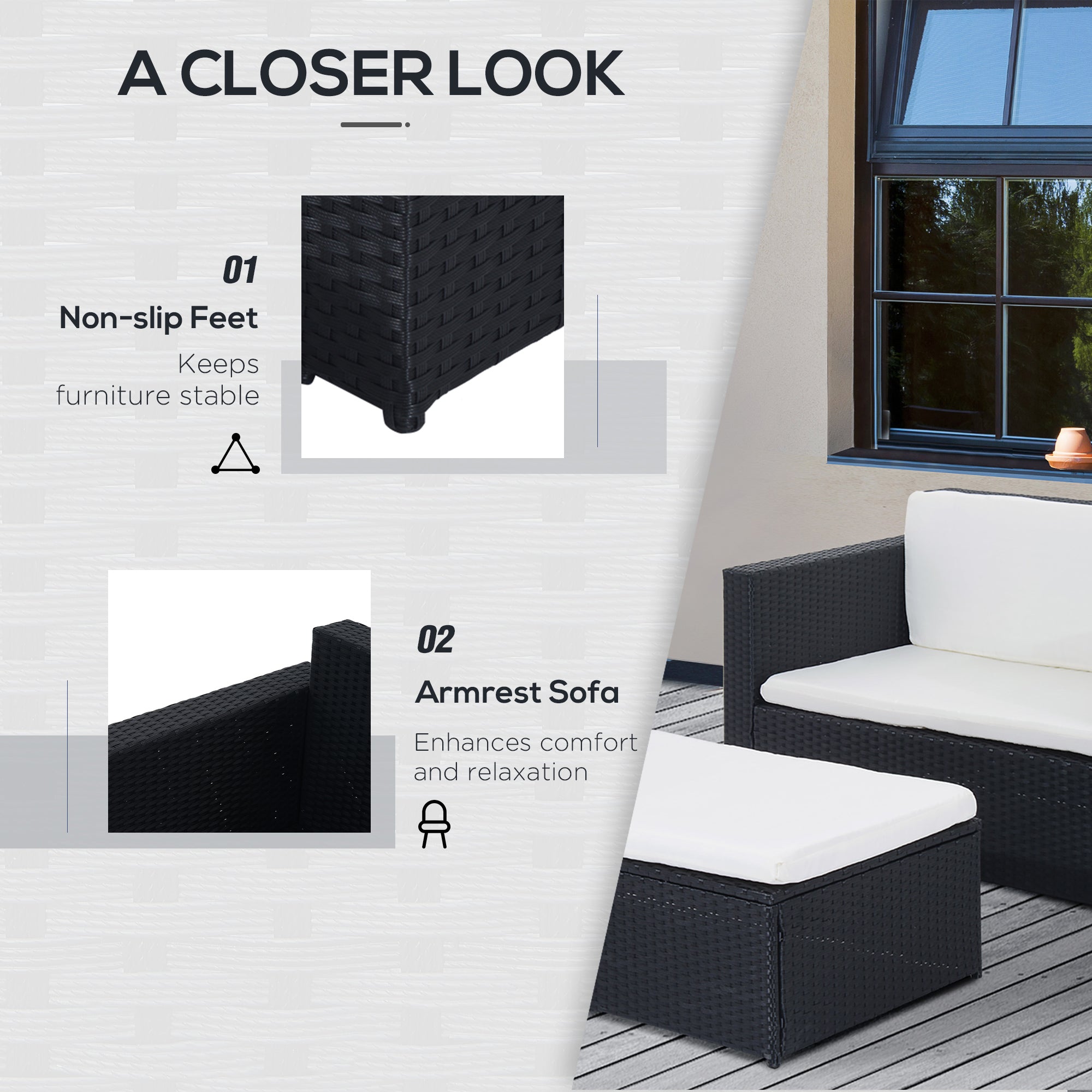 Outsunny 2 Pieces Wicker Patio Furniture Set with Double Ottoman, Outdoor PE Rattan Conversation Set with Loveseat and Two Seat Ottoman, Cream White