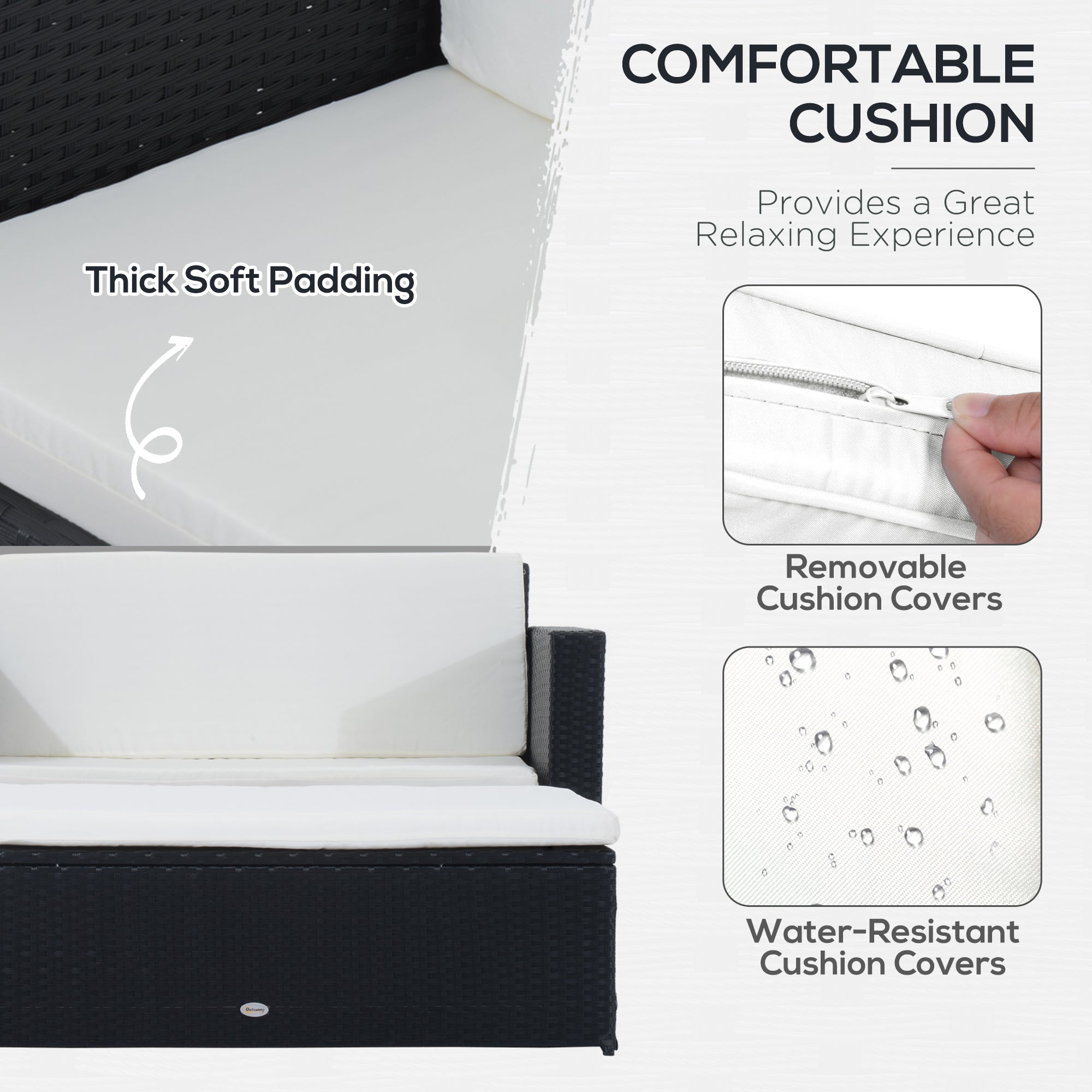 Outsunny 2 Pieces Wicker Patio Furniture Set with Double Ottoman, Outdoor PE Rattan Conversation Set with Loveseat and Two Seat Ottoman, Cream White