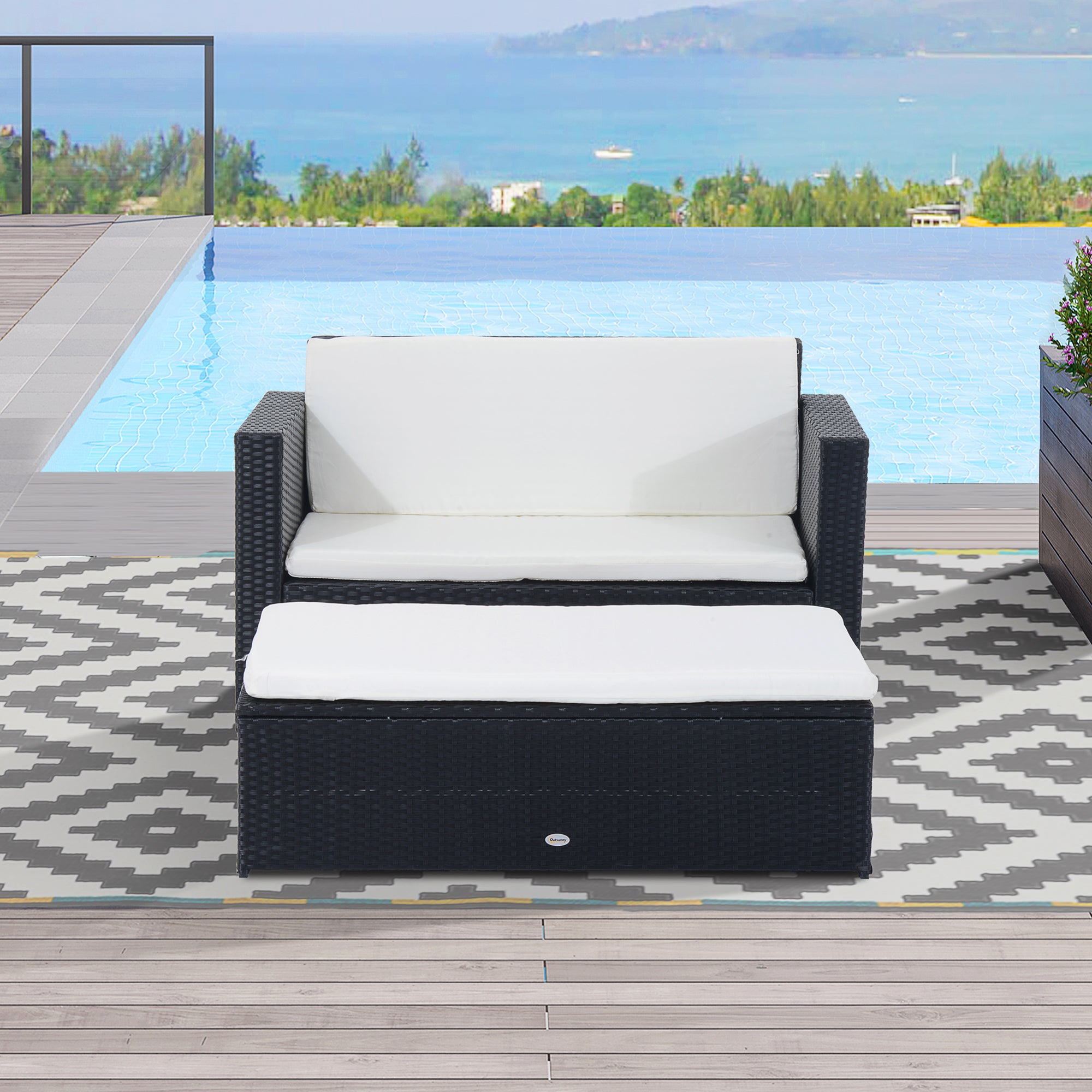 Outsunny 2 Pieces Wicker Patio Furniture Set with Double Ottoman, Outdoor PE Rattan Conversation Set with Loveseat and Two Seat Ottoman, Cream White