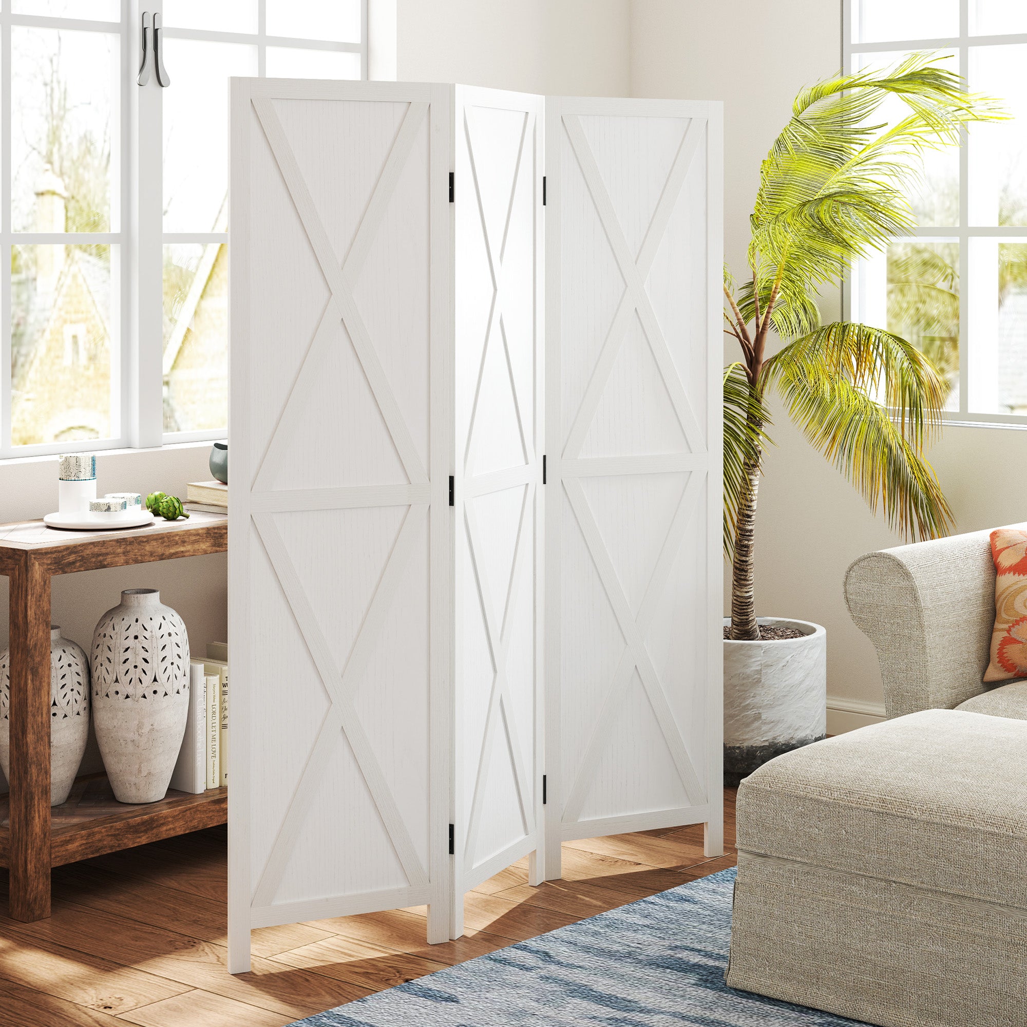HOMCOM 3 Panel Room Divider, 5.6 Ft Folding Privacy Screen, Freestanding Wooden Wall Partition for Bedroom, Office, White