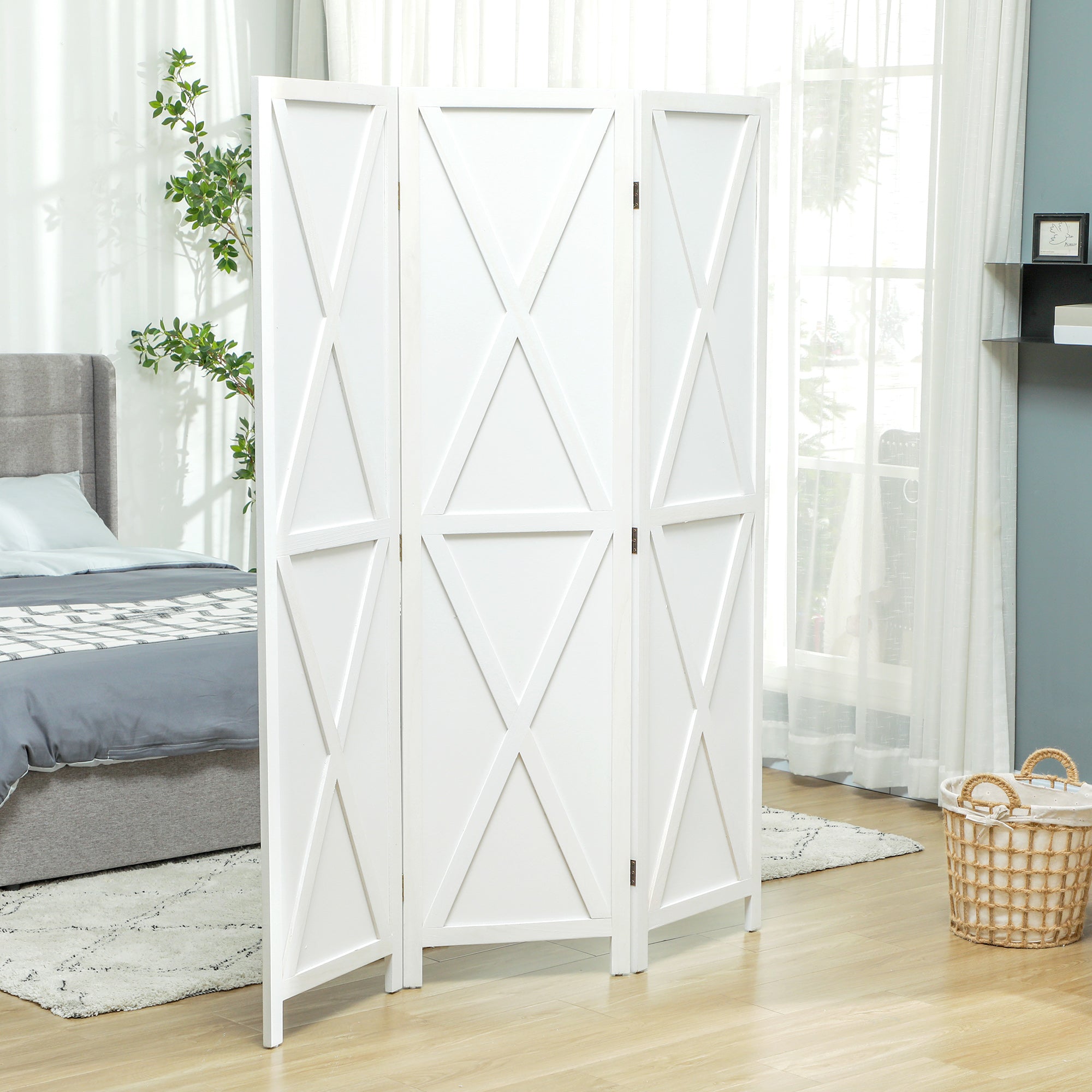 HOMCOM 3 Panel Room Divider, 5.6 Ft Folding Privacy Screen, Freestanding Wooden Wall Partition for Bedroom, Office, White
