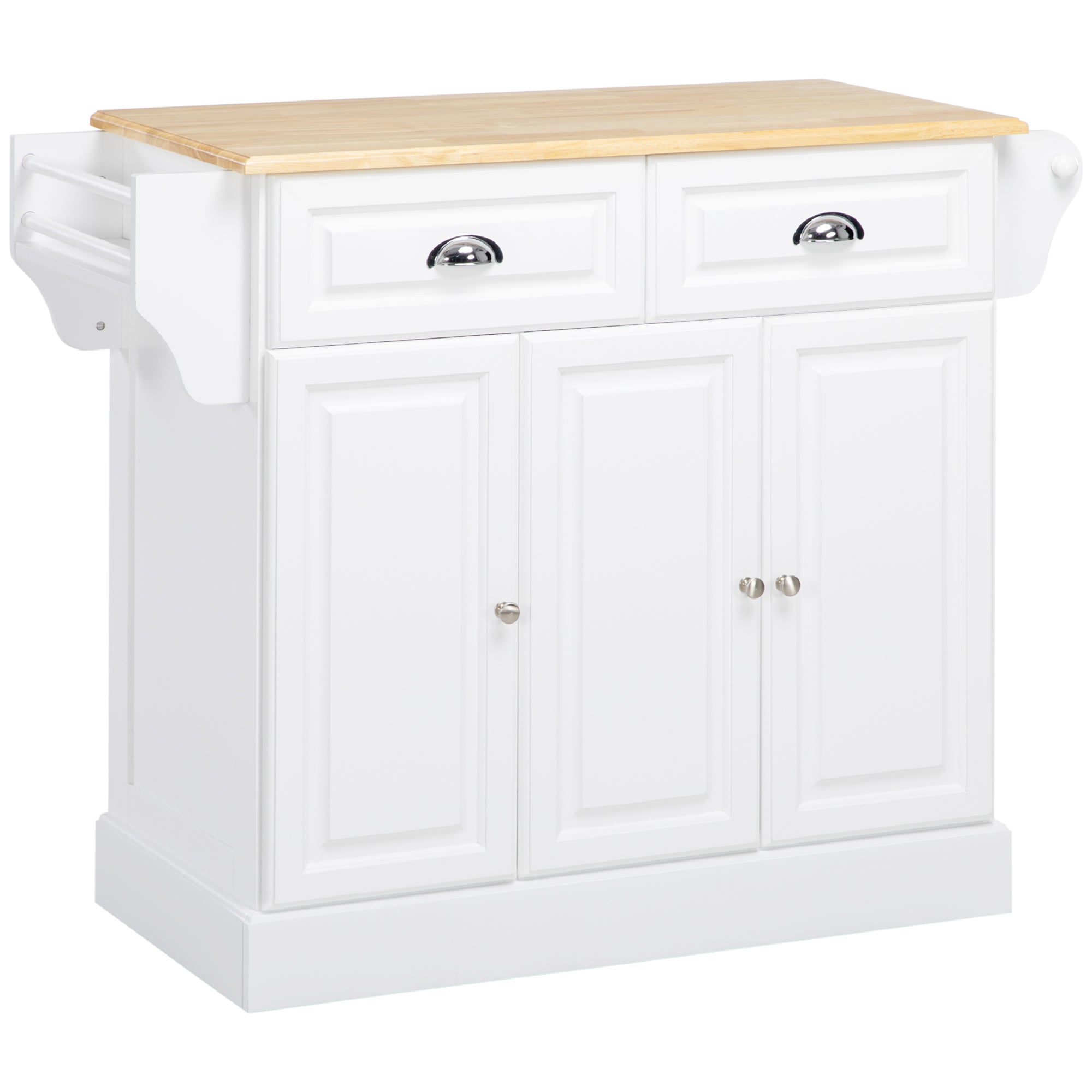 HOMCOM Kitchen Island on Wheels, Rolling Kitchen Cart with Rubber Wood Top, Towel Rack, Spice Rack, Storage Drawer and Cabinet, White