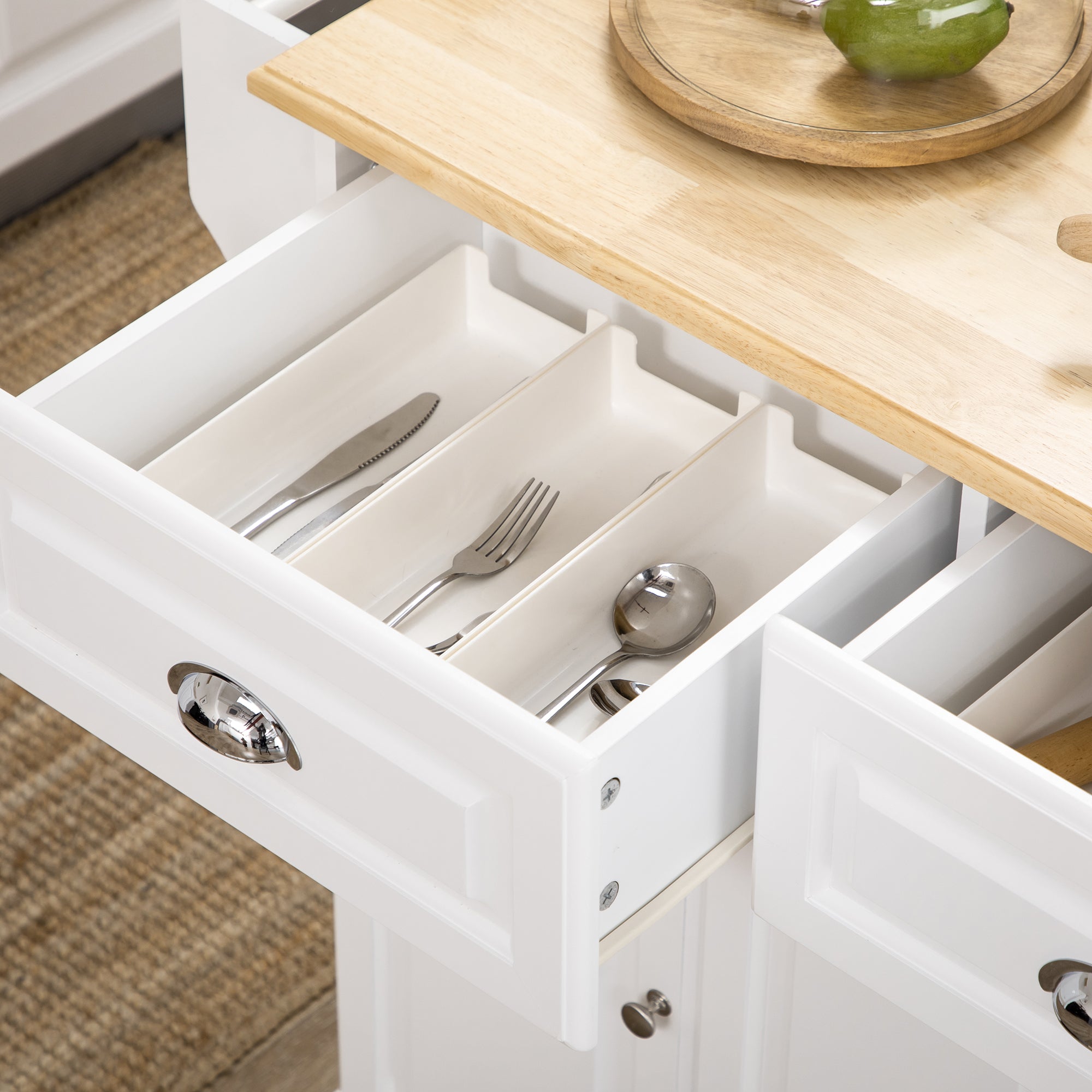 HOMCOM Kitchen Island on Wheels, Rolling Kitchen Cart with Rubber Wood Top, Towel Rack, Spice Rack, Storage Drawer and Cabinet, White