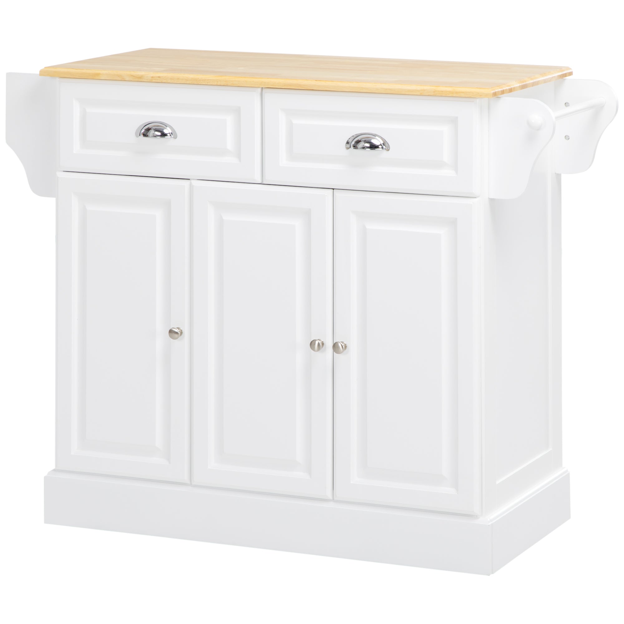 HOMCOM Kitchen Island on Wheels, Rolling Kitchen Cart with Rubber Wood Top, Towel Rack, Spice Rack, Storage Drawer and Cabinet, White