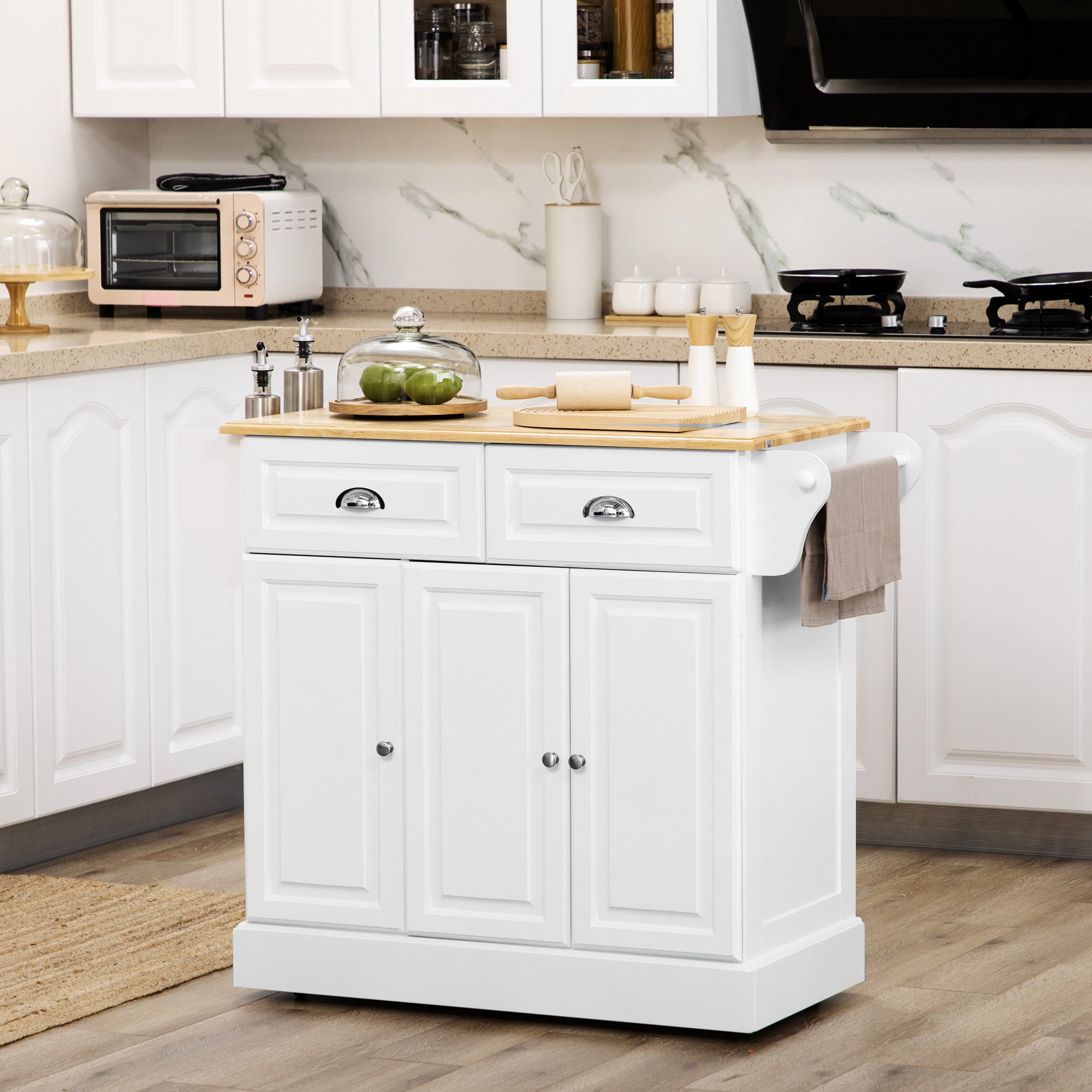 HOMCOM Kitchen Island on Wheels, Rolling Kitchen Cart with Rubber Wood Top, Towel Rack, Spice Rack, Storage Drawer and Cabinet, White