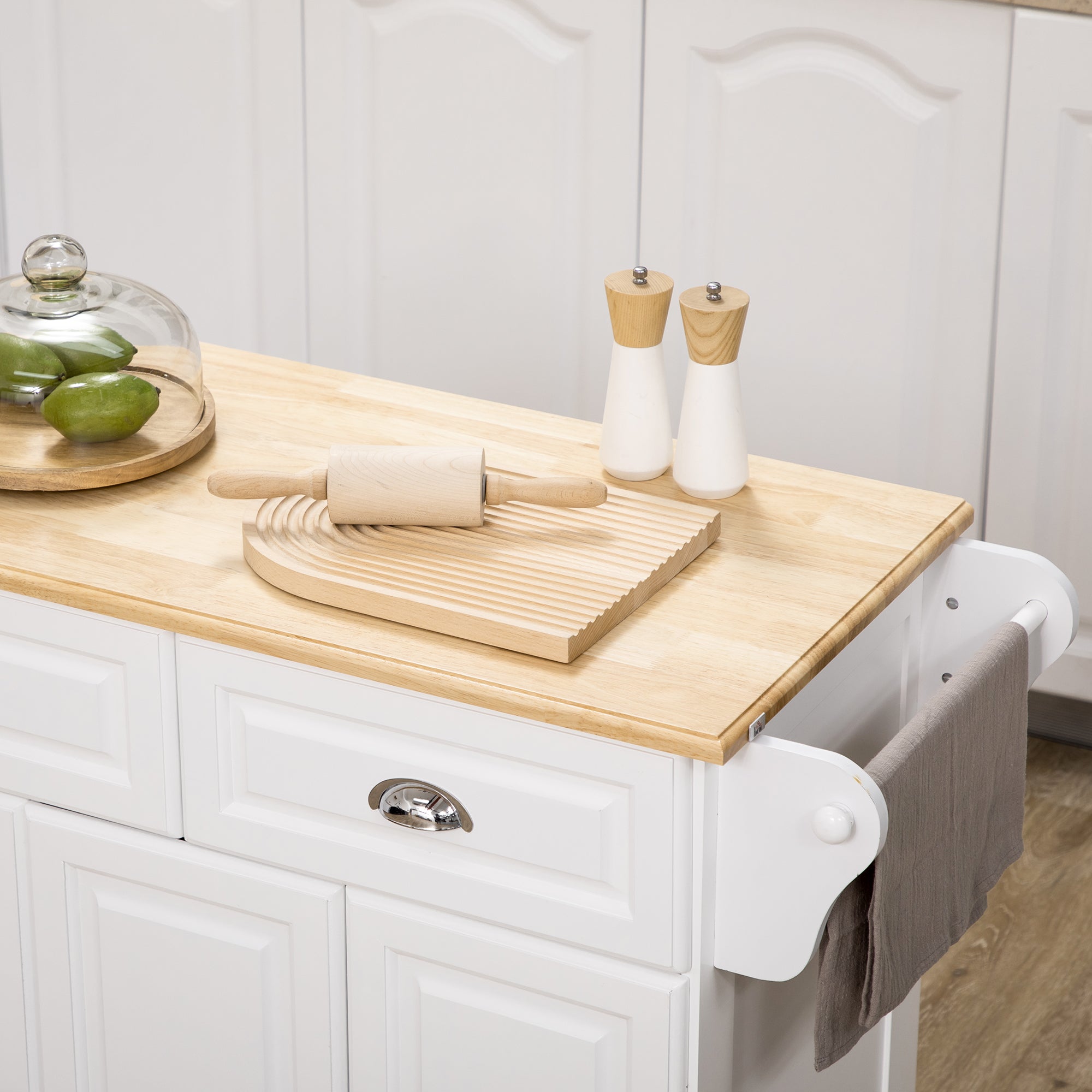 HOMCOM Kitchen Island on Wheels, Rolling Kitchen Cart with Rubber Wood Top, Towel Rack, Spice Rack, Storage Drawer and Cabinet, White