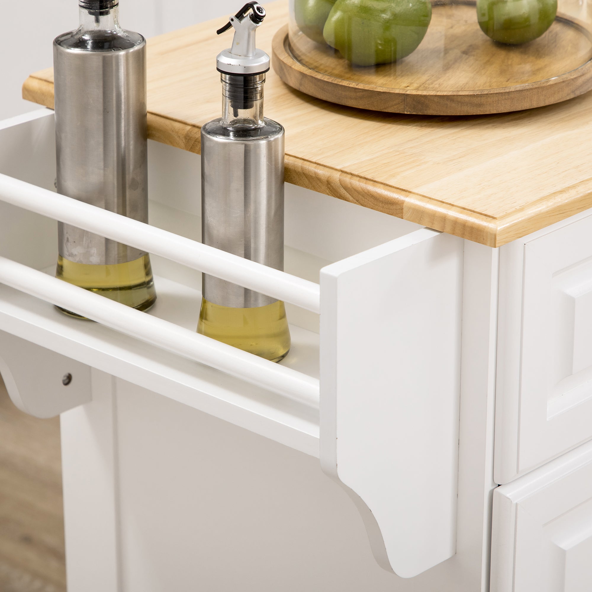 HOMCOM Kitchen Island on Wheels, Rolling Kitchen Cart with Rubber Wood Top, Towel Rack, Spice Rack, Storage Drawer and Cabinet, White