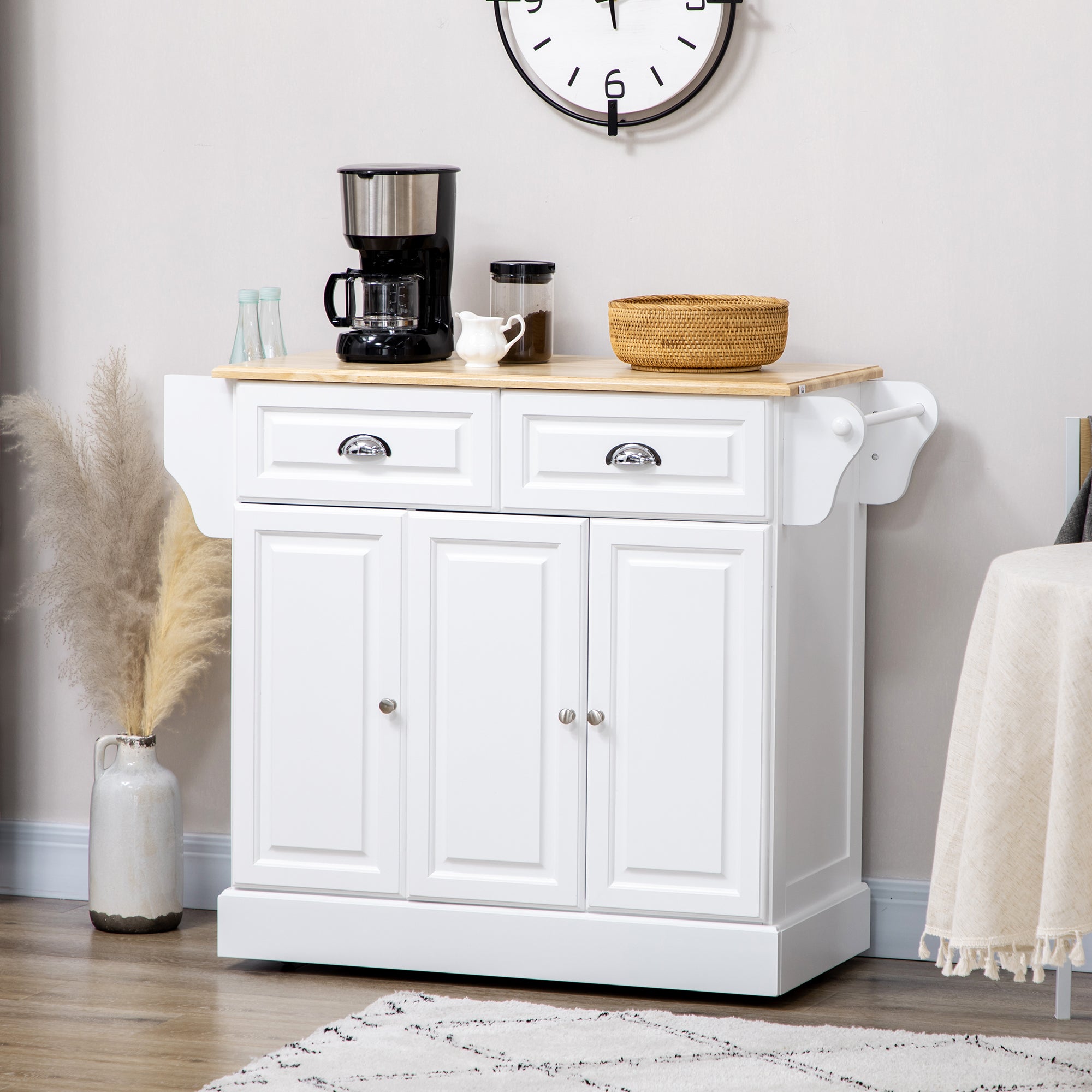 HOMCOM Kitchen Island on Wheels, Rolling Kitchen Cart with Rubber Wood Top, Towel Rack, Spice Rack, Storage Drawer and Cabinet, White