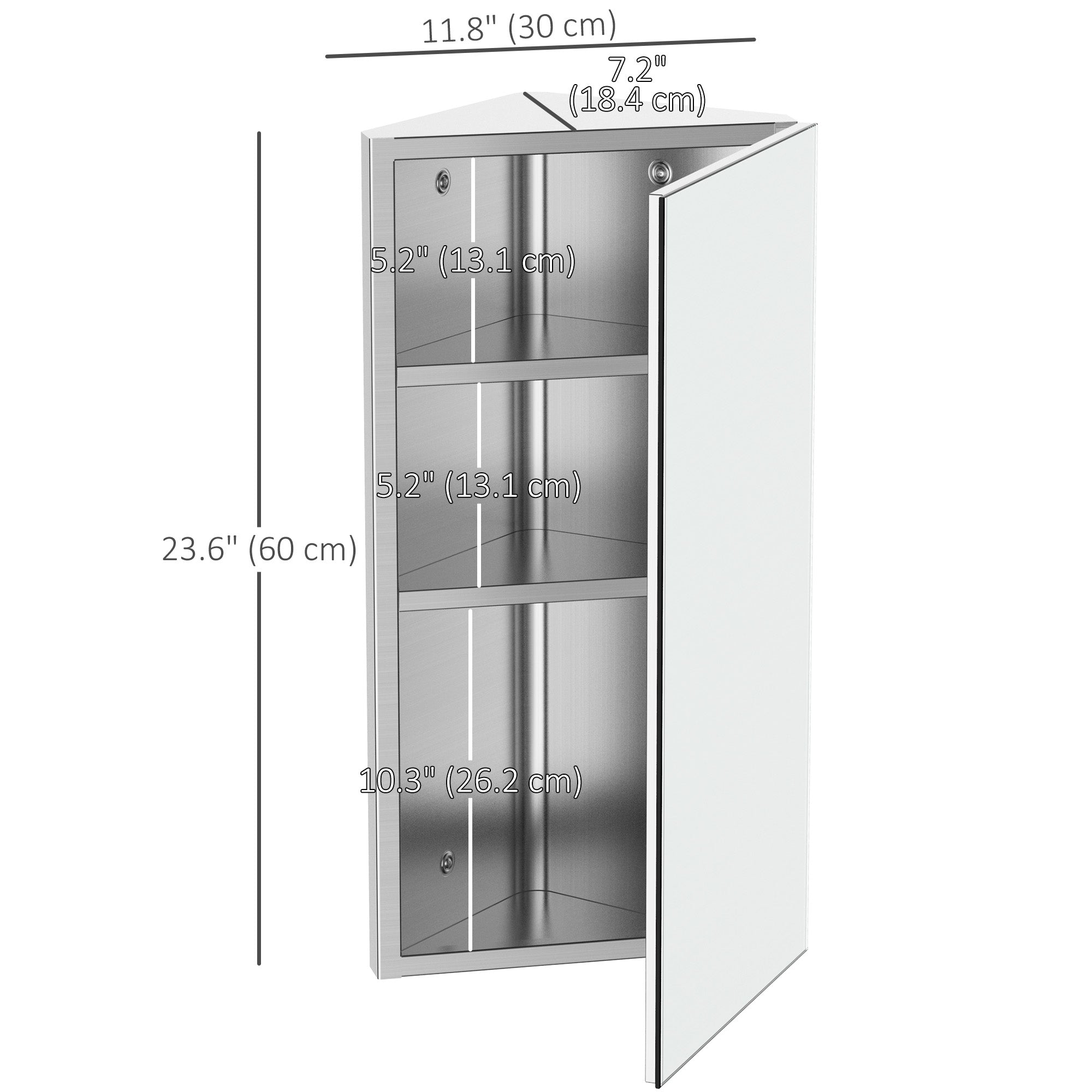 HOMCOM Wall mounted Bathroom Corner Mirror Storage Cabinet Stainless Steel with Single Door