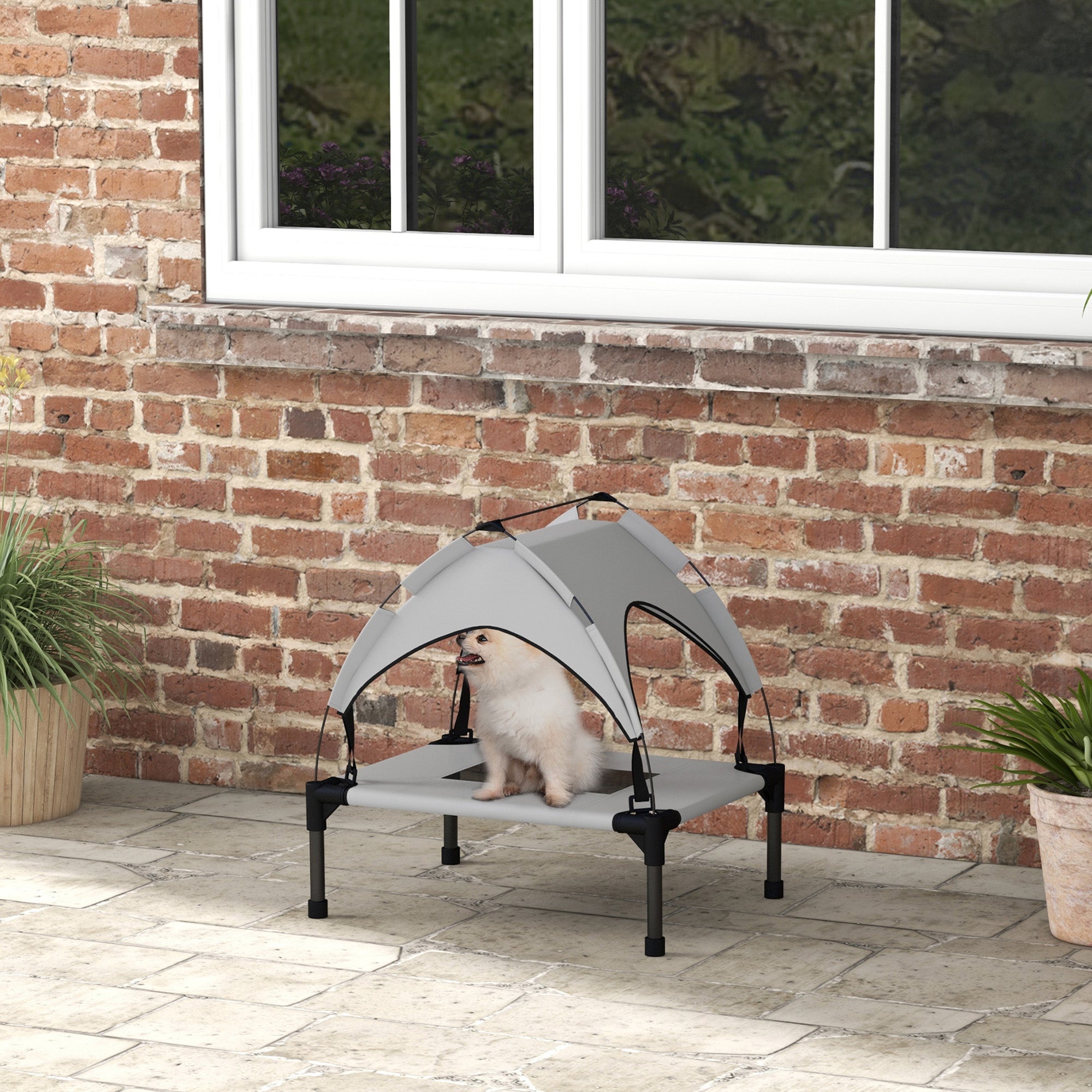 PawHut Cooling Raised Dog Bed, Elevated Pet Bed with Breathable Mesh, UV Protection Canopy, Foot Pads, for Indoor Outdoor, Mini, Small Dog, 61 x 46 x 63cm - Light Grey
