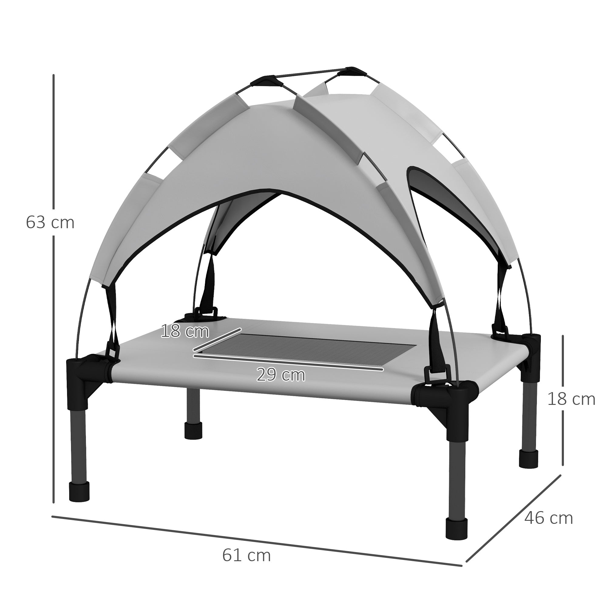 PawHut Cooling Raised Dog Bed, Elevated Pet Bed with Breathable Mesh, UV Protection Canopy, Foot Pads, for Indoor Outdoor, Mini, Small Dog, 61 x 46 x 63cm - Light Grey