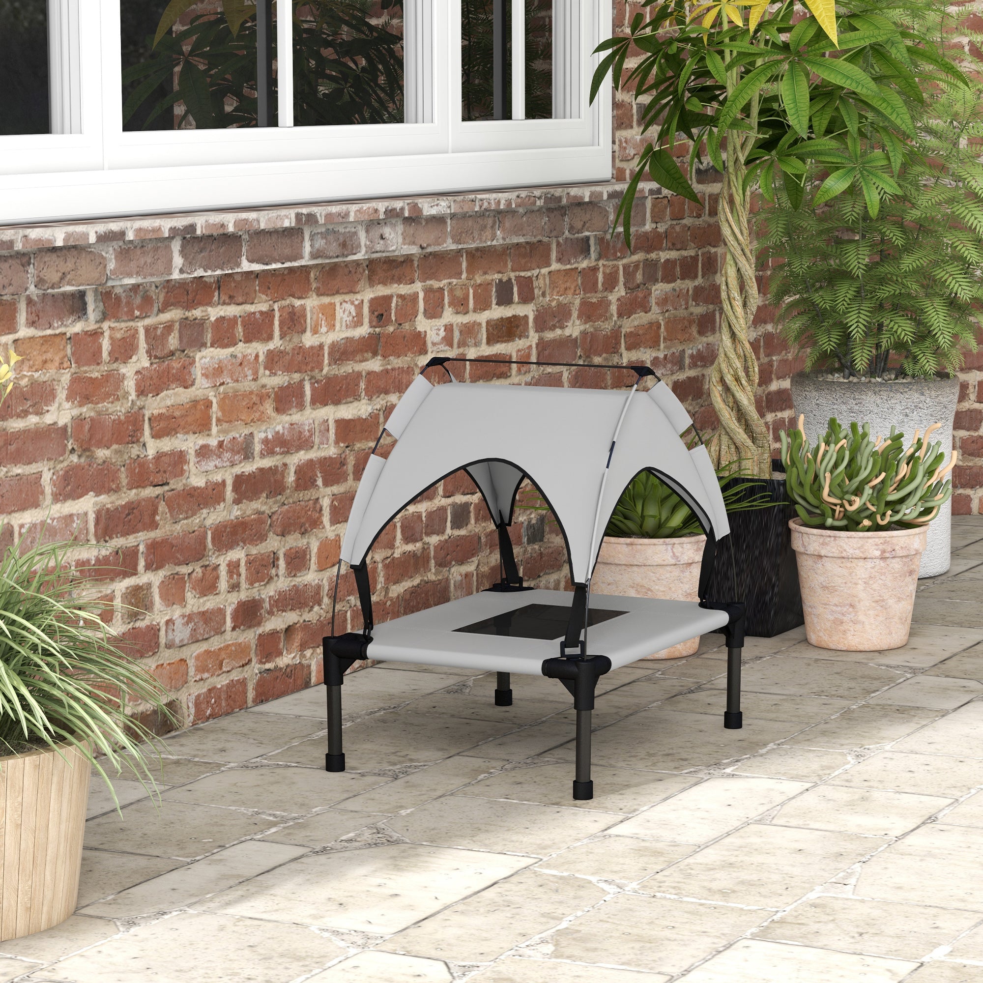 PawHut Cooling Raised Dog Bed, Elevated Pet Bed with Breathable Mesh, UV Protection Canopy, Foot Pads, for Indoor Outdoor, Mini, Small Dog, 61 x 46 x 63cm - Light Grey