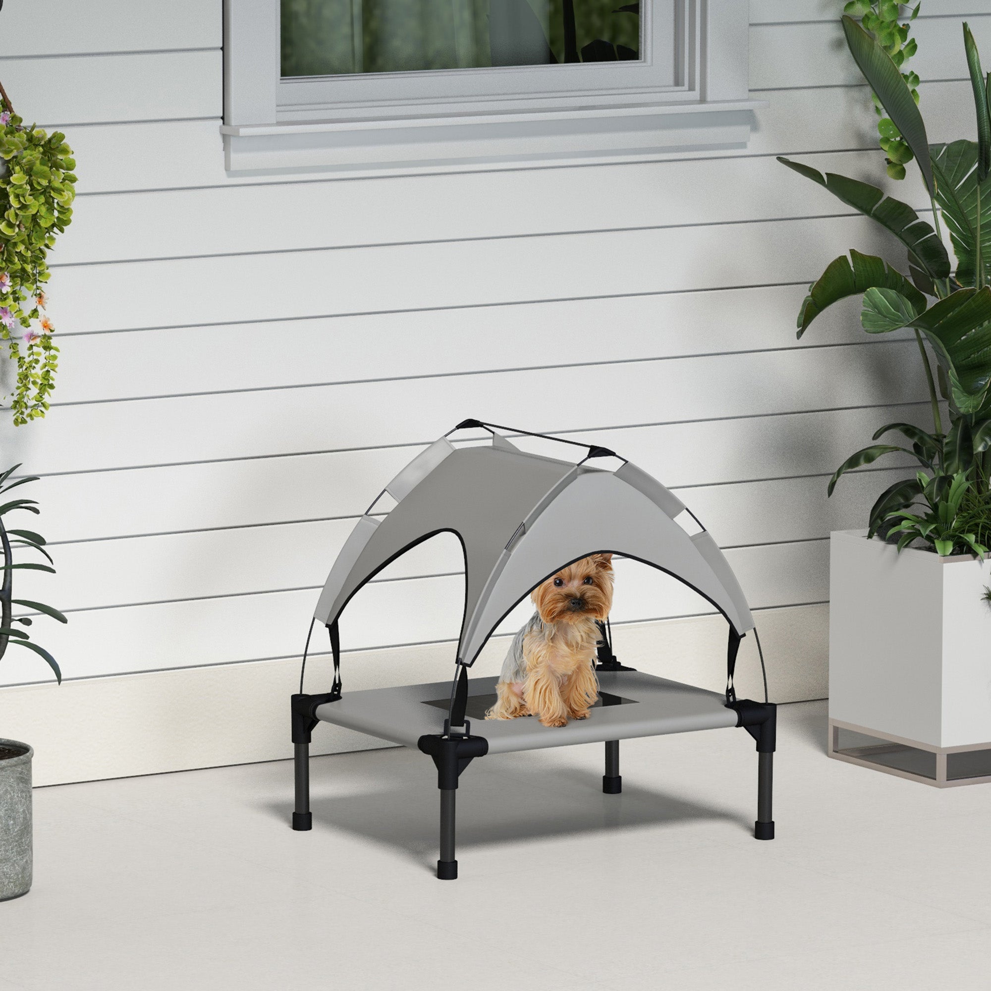 PawHut Cooling Raised Dog Bed, Elevated Pet Bed with Breathable Mesh, UV Protection Canopy, Foot Pads, for Indoor Outdoor, Mini, Small Dog, 61 x 46 x 63cm - Light Grey