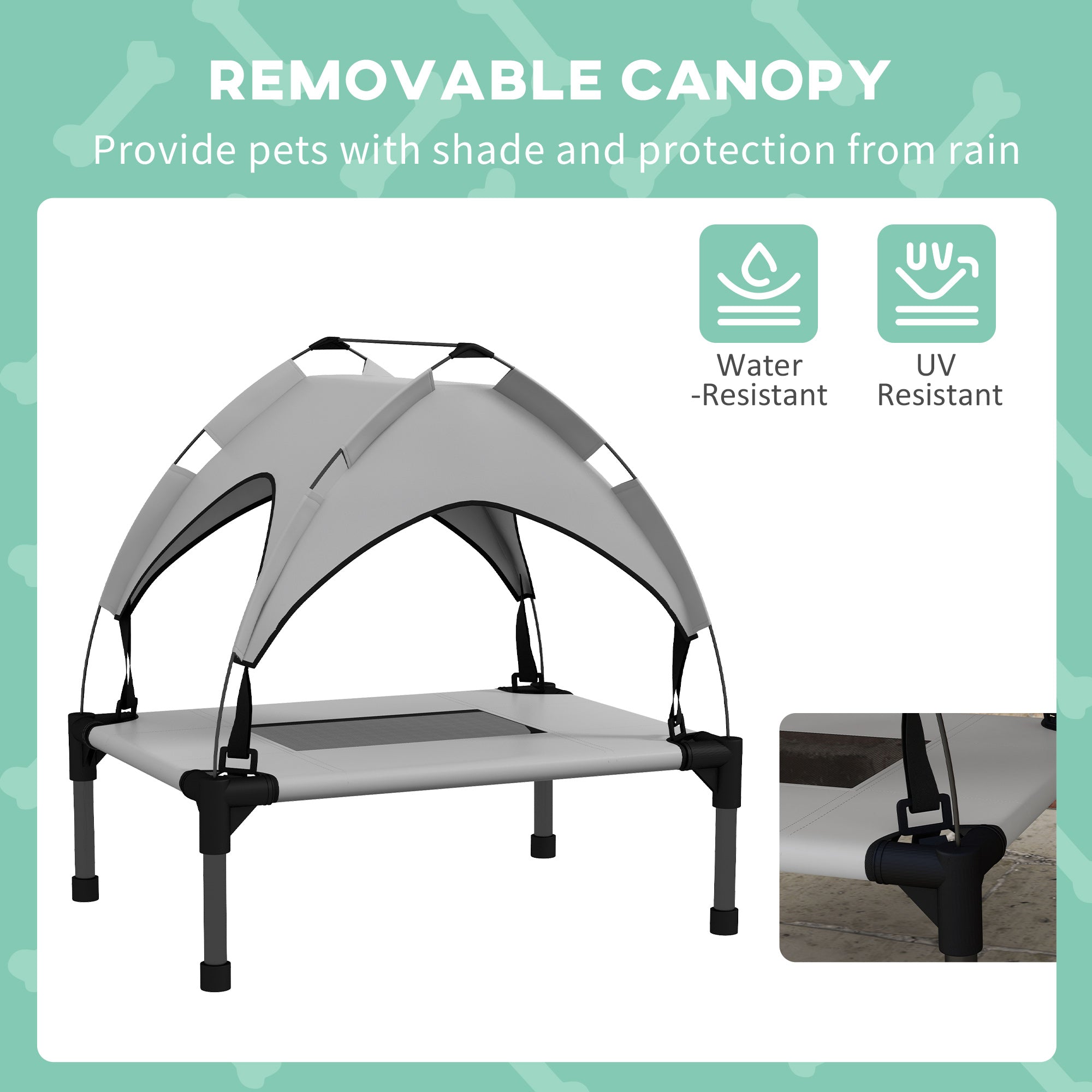 PawHut Cooling Raised Dog Bed, Elevated Pet Bed with Breathable Mesh, UV Protection Canopy, Foot Pads, for Indoor Outdoor, Mini, Small Dog, 61 x 46 x 63cm - Light Grey
