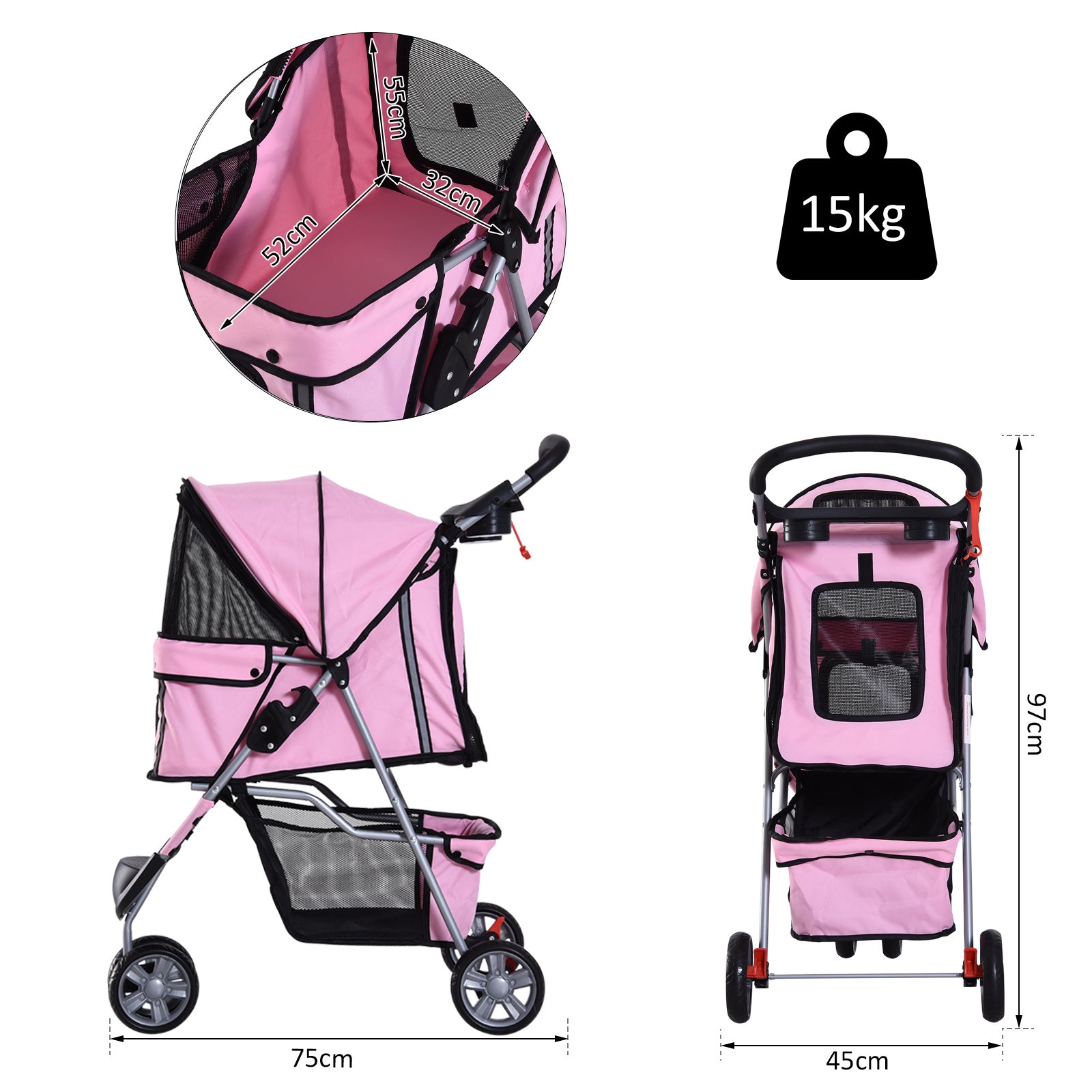 PawHut Dog Stroller, 3 Wheels Foldable Cat Dog Pram with Cup Holder, Storage Basket, Pet Stroller for Small Miniature Dogs, Pink