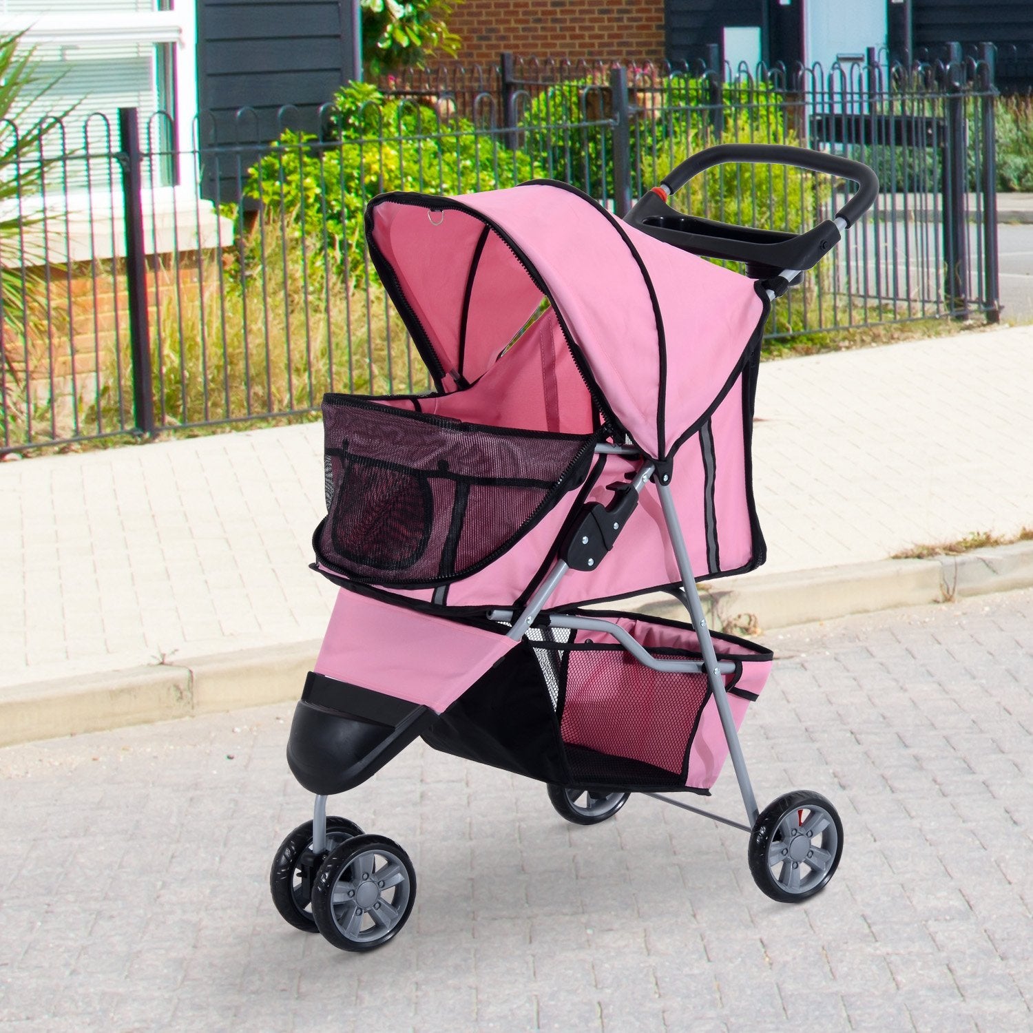 PawHut Dog Stroller, 3 Wheels Foldable Cat Dog Pram with Cup Holder, Storage Basket, Pet Stroller for Small Miniature Dogs, Pink