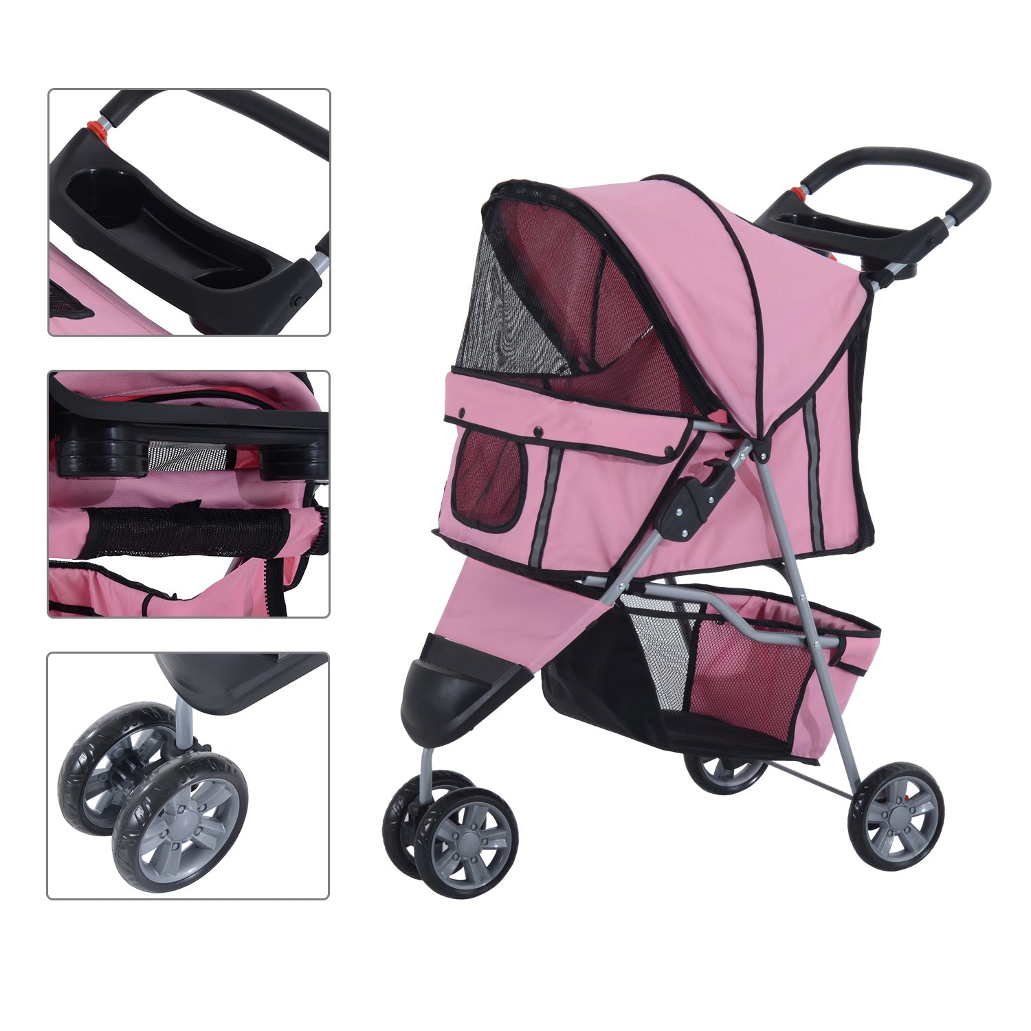 PawHut Dog Stroller, 3 Wheels Foldable Cat Dog Pram with Cup Holder, Storage Basket, Pet Stroller for Small Miniature Dogs, Pink