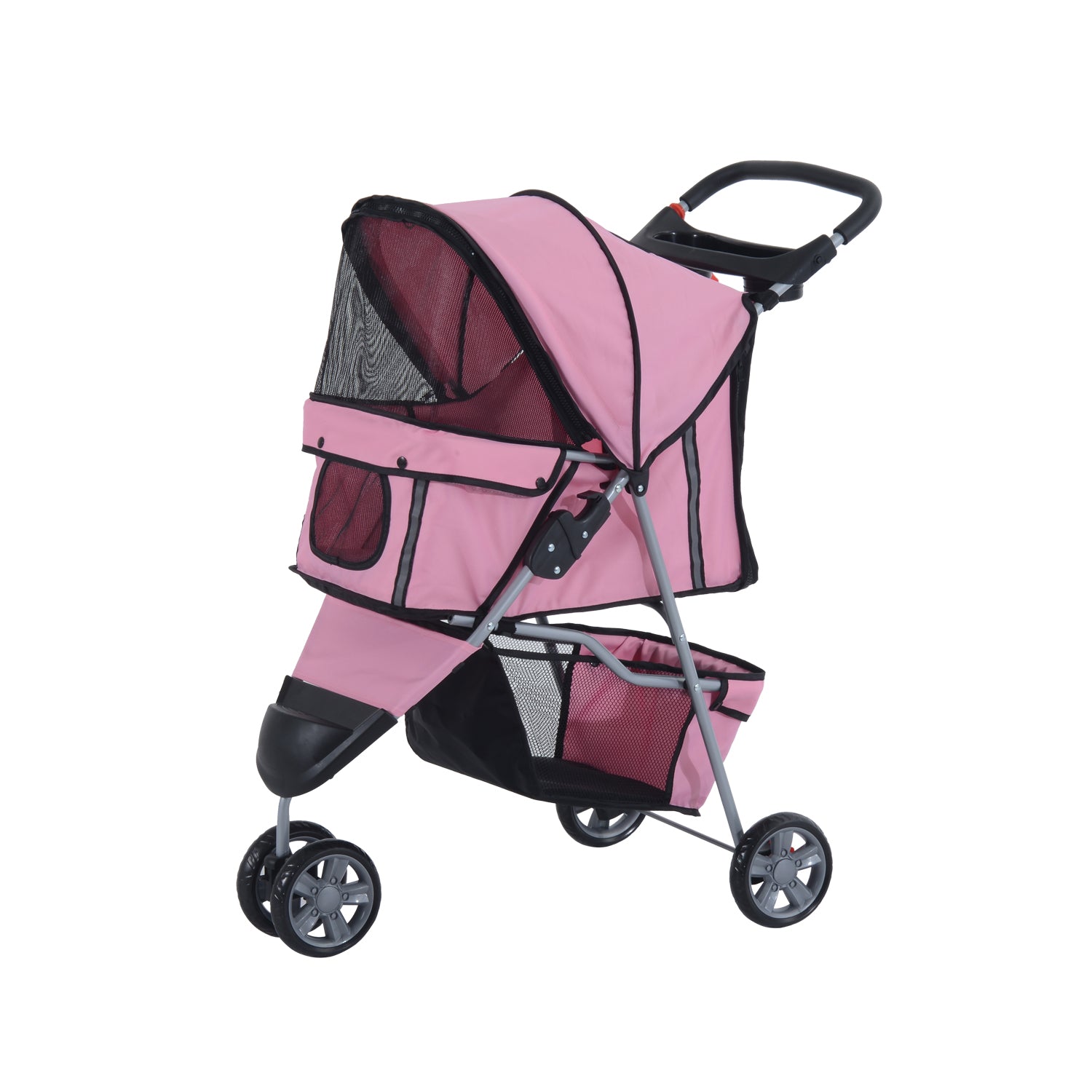 PawHut Dog Stroller, 3 Wheels Foldable Cat Dog Pram with Cup Holder, Storage Basket, Pet Stroller for Small Miniature Dogs, Pink