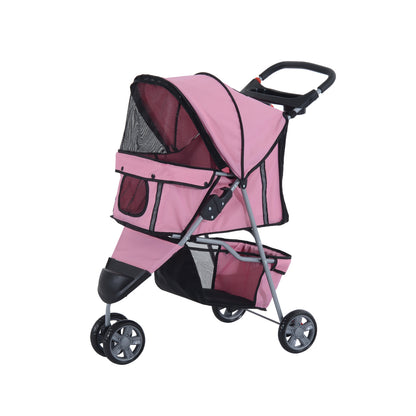 PawHut Dog Stroller, 3 Wheels Foldable Cat Dog Pram with Cup Holder, Storage Basket, Pet Stroller for Small Miniature Dogs, Pink