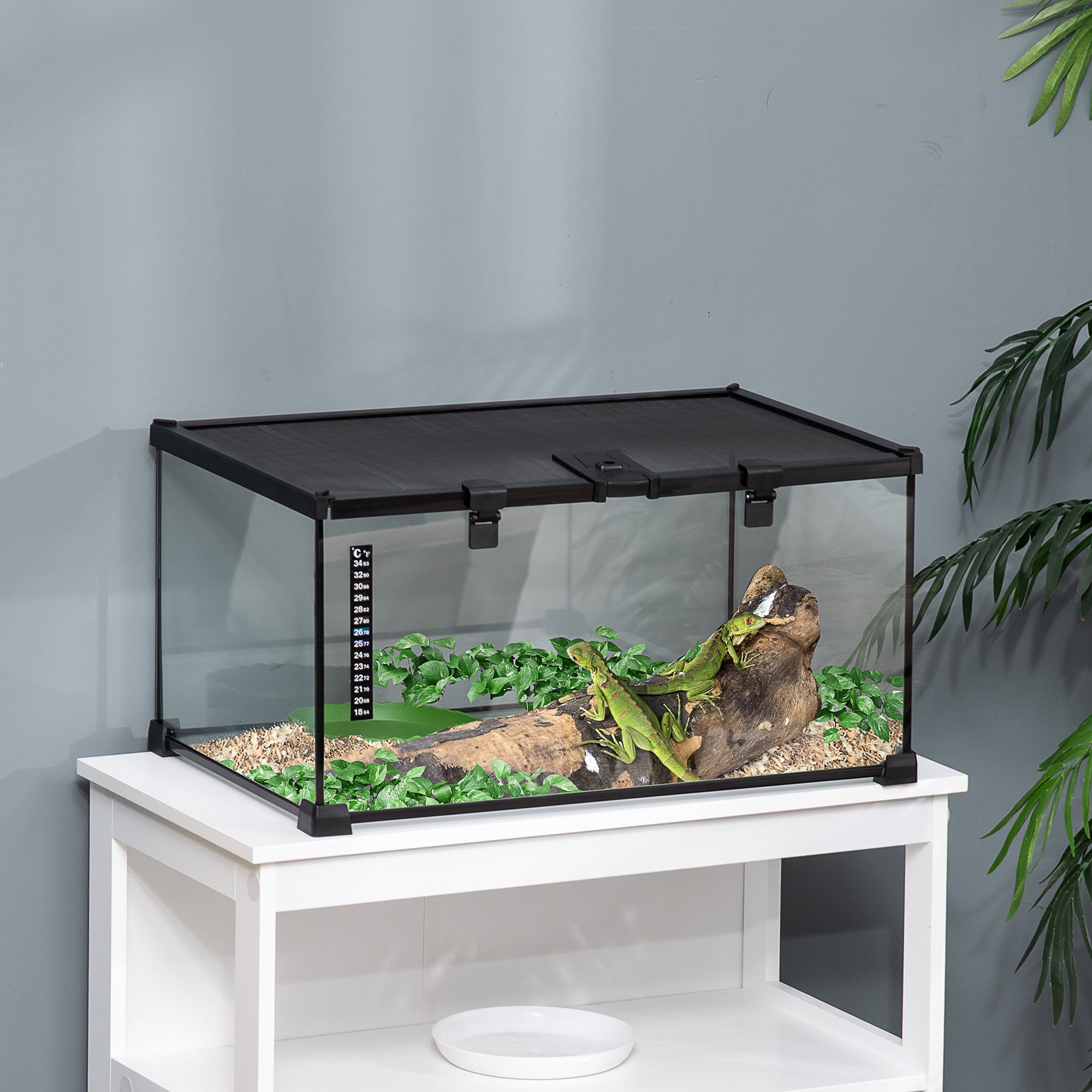 PawHut Glass Reptile Terrarium, Jumping Spider Enclosure with Thermometer, Water Basin, Full View Visually for Lizards, Horned Frogs, Snakes, Spiders - Black