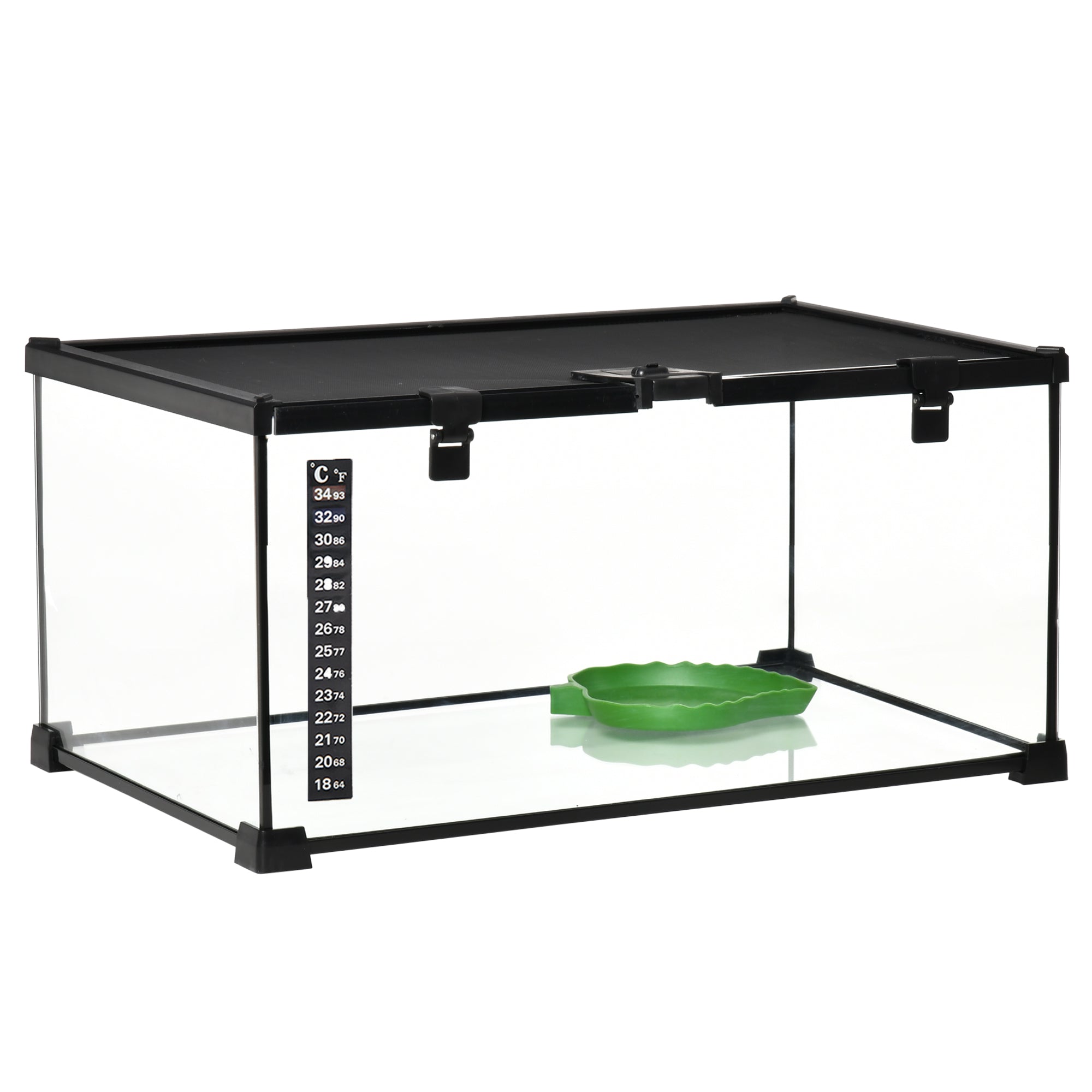 PawHut Glass Reptile Terrarium, Jumping Spider Enclosure with Thermometer, Water Basin, Full View Visually for Lizards, Horned Frogs, Snakes, Spiders - Black